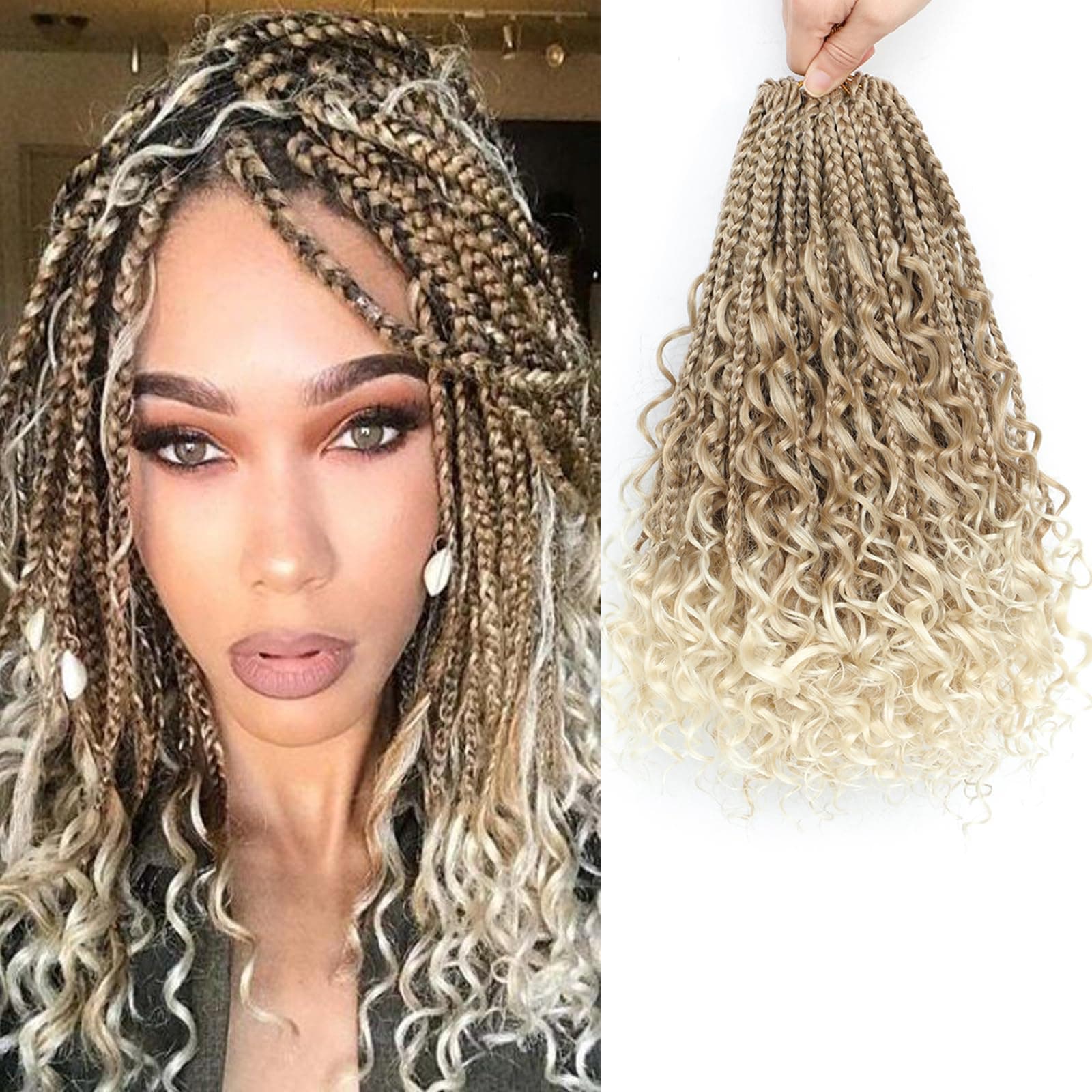 Flagship 10 Inch 9 Packs Boho Crochet Braids with Curly Ends Crochet Hair for Black Women,Short Ombre Blonde Bohomian Curly Box Braids Crochet Hair Extensions for Braids-27/613
