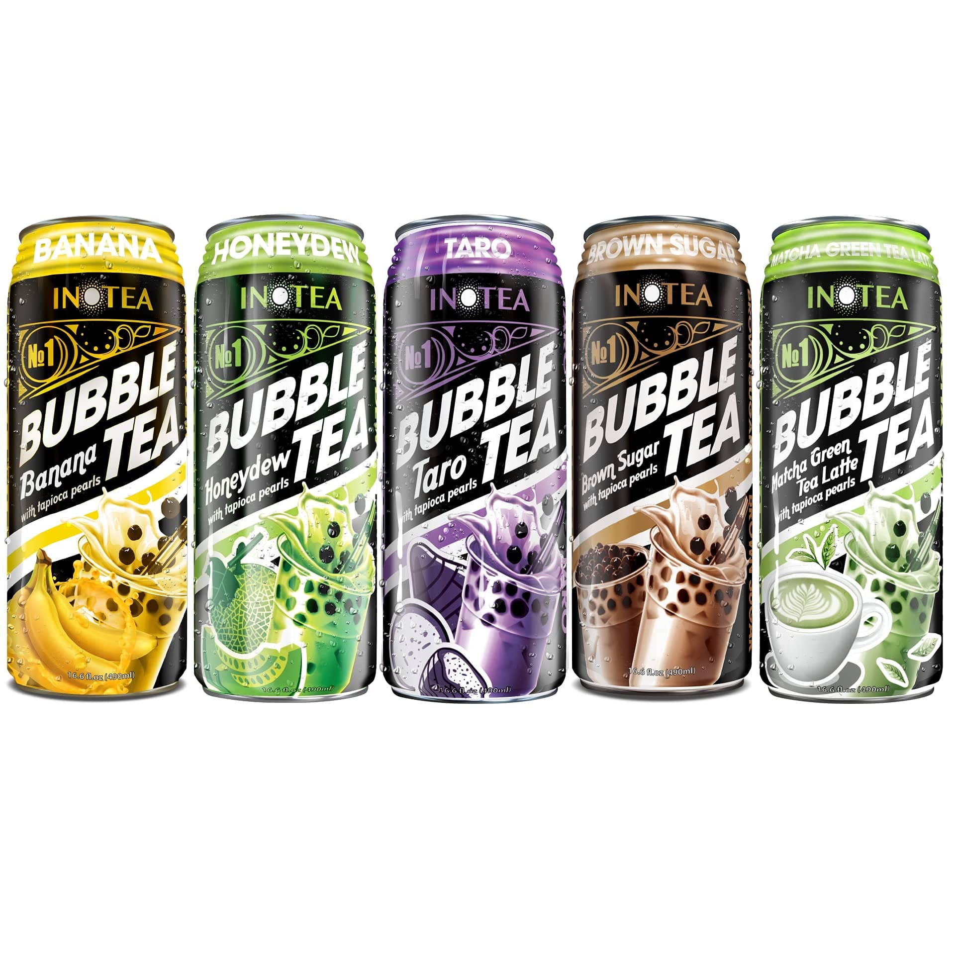 (Pack of 5) INOTEA Bubble Tea Variety Pack with ATIUS Thank You Card. Milk Tea with Boba Pearls in a Can (16.6oz/can). Assorted Flavors - 1 Can of Each 5 Flavors (Brown Sugar, Taro, Matcha, Banana, Honeydew). Straws Included.