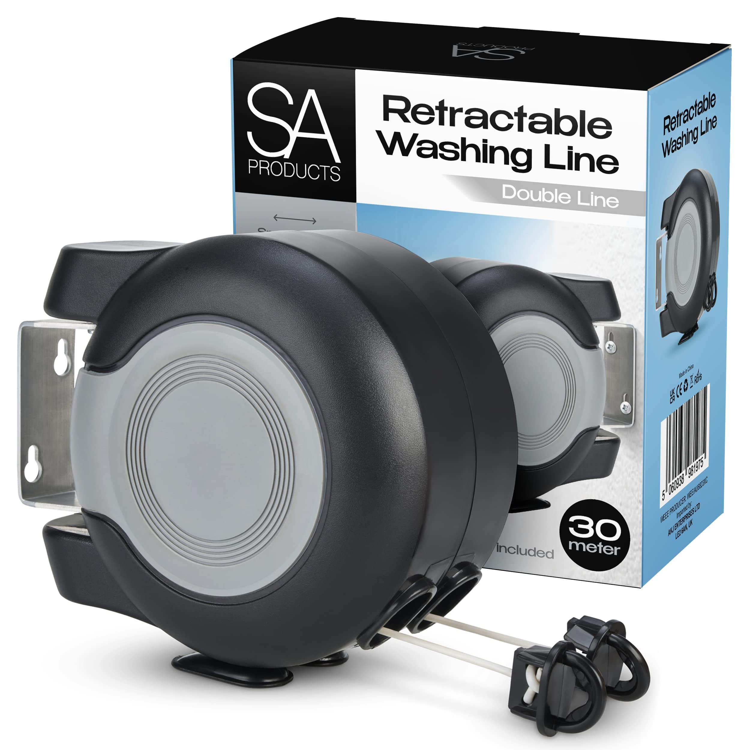 SA Products Wall Mounted Twin Cable Retractable Washing Line - 2x15m Long Clothes Line - 30m Extendable Laundry Drying String Line Heavy-Duty Plastic & Polyvinyl For Indoor & Outdoor Use - Black