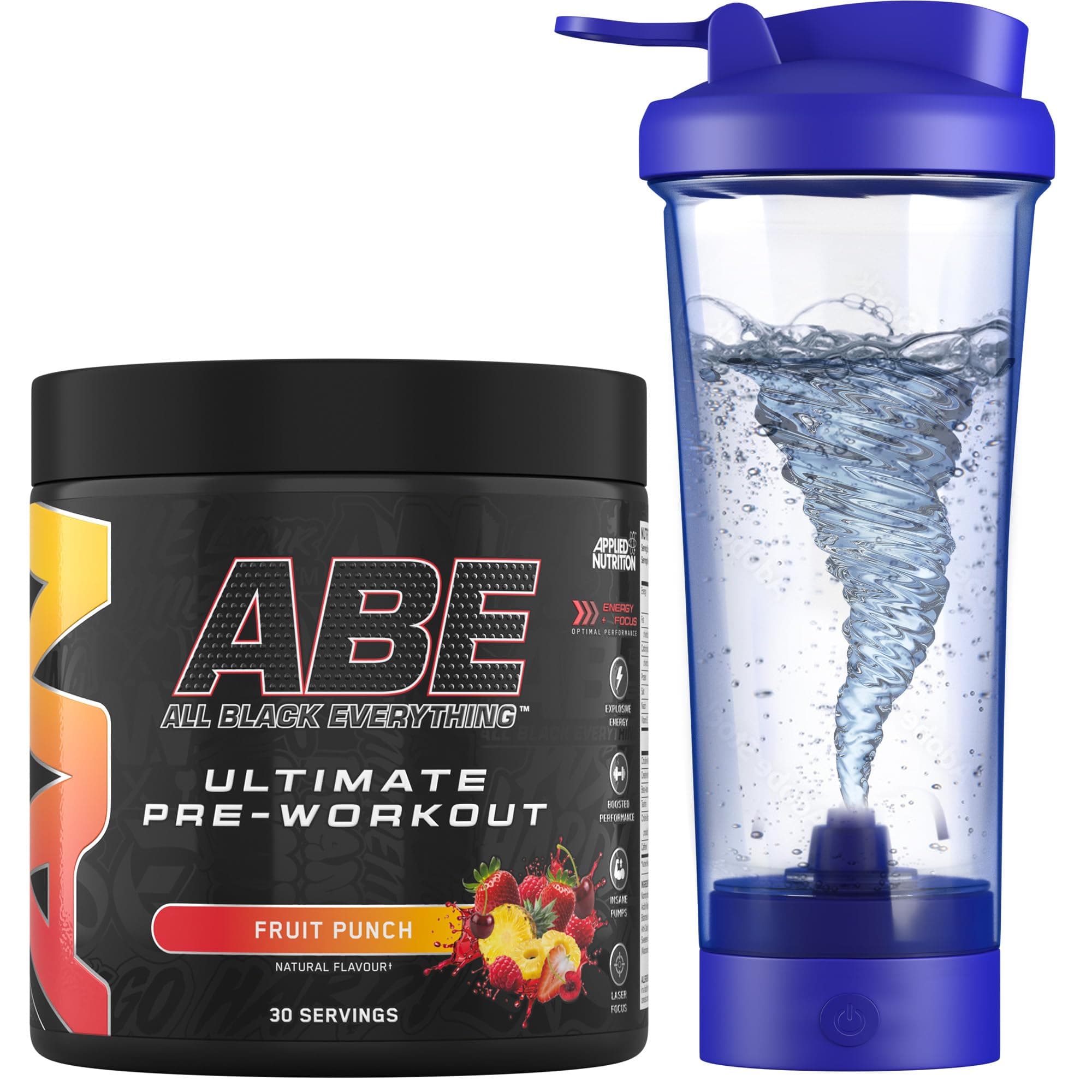 Applied Nutrition Bundle ABE Pre Workout 375g + Electric Shaker | All Black Everything Pre Workout Powder, Energy Drink, Physical Performance, Creatine, Beta Alanine, Caffeine (Fruit Punch)