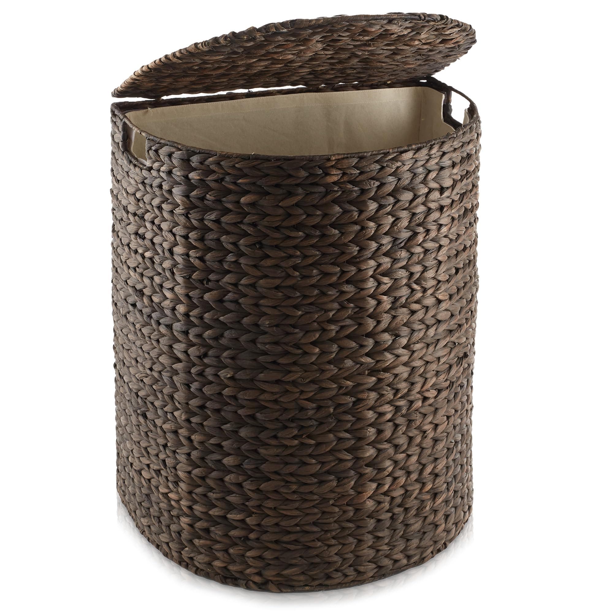 Casafield Half Moon Laundry Hamper with Lid and Removable Liner Bag - Espresso Dark Brown, Woven Water Hyacinth Laundry Basket for Clothes and Towels