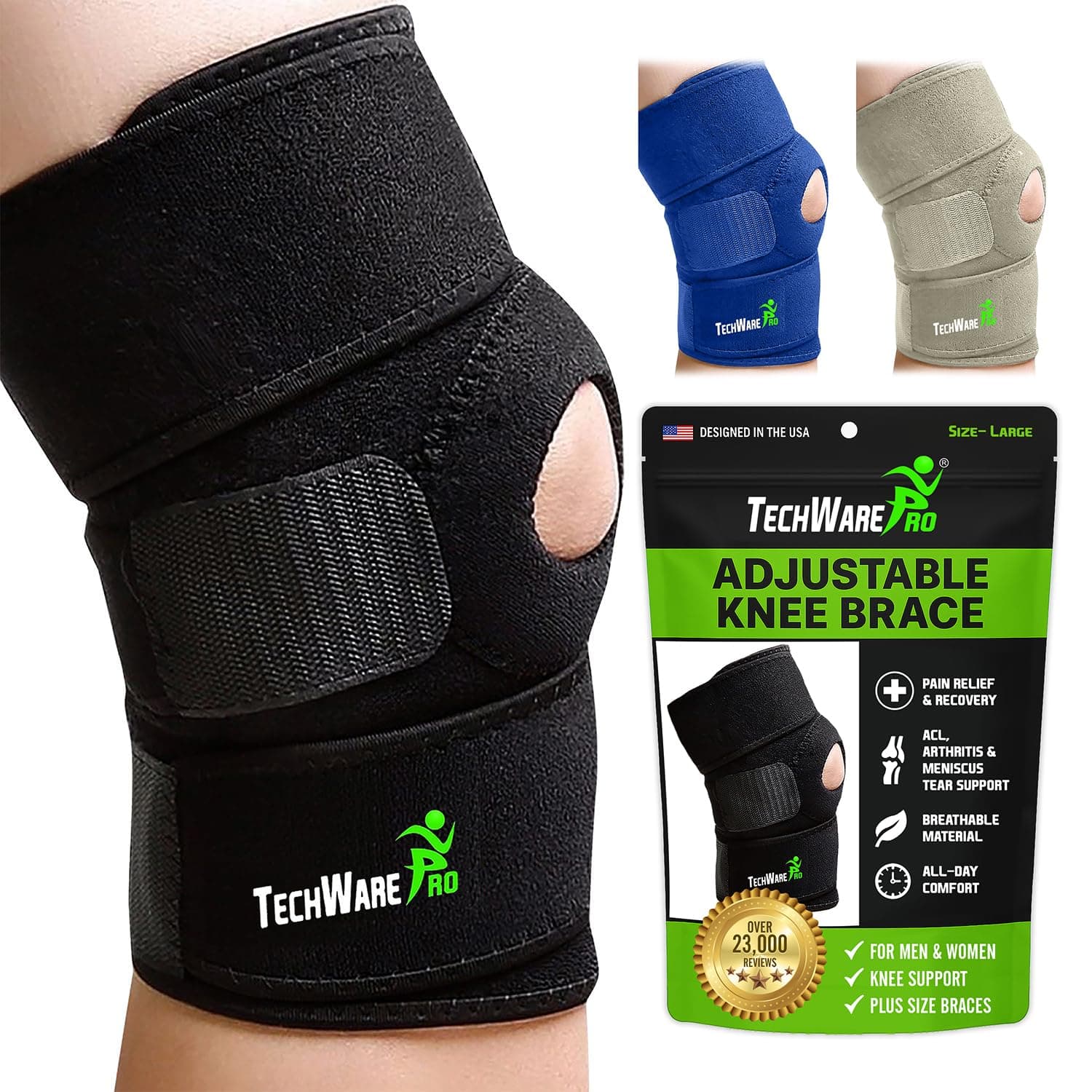 TechWare Pro Knee Brace Support - Knee Braces for Knee Pain. Relieves ACL, LCL, MCL, Meniscus Tear, Arthritis, Tendonitis Pain. Dual Stabilizers Non Slip Neoprene. Adjustable Bi-Directional Straps -5 Sizes