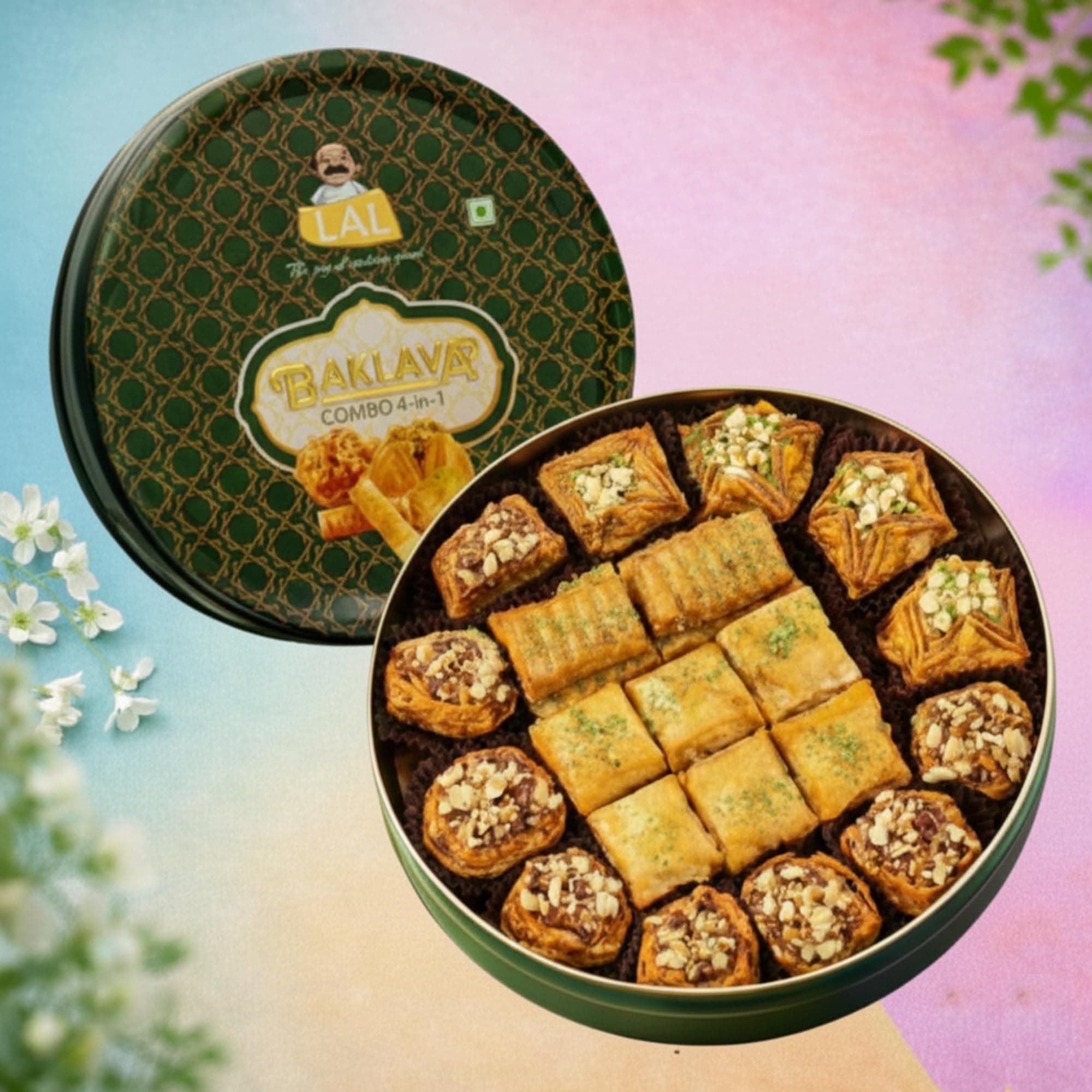 Lal Sweets Baklava Tin 4-In-1 || Assorted Tarts with Imported Nuts || Pure Ghee Dipped in Honey Syrup - 400 gm