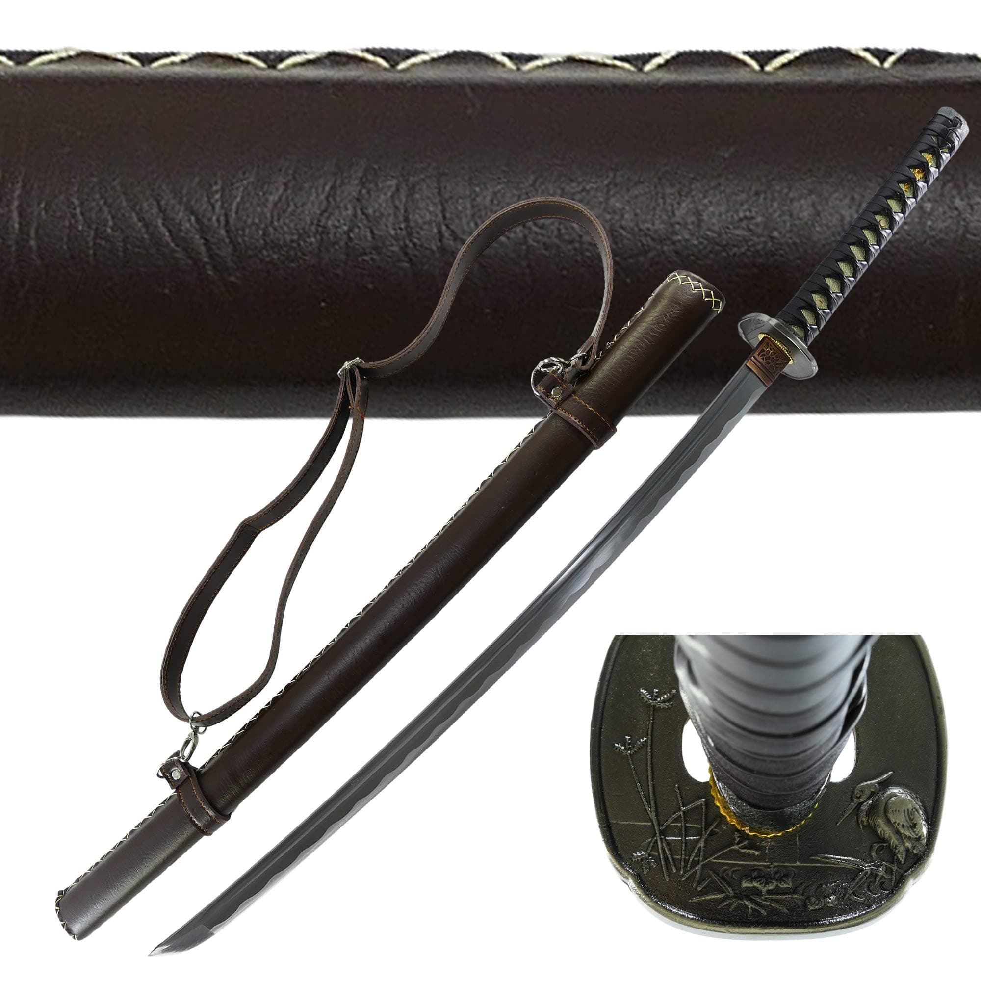 MAKOTO Handmade Sharp Katana Samurai Sword 40", Brown Leather Wrapped Scabbard with Shoulder Straps, Bird Heron Tsuba