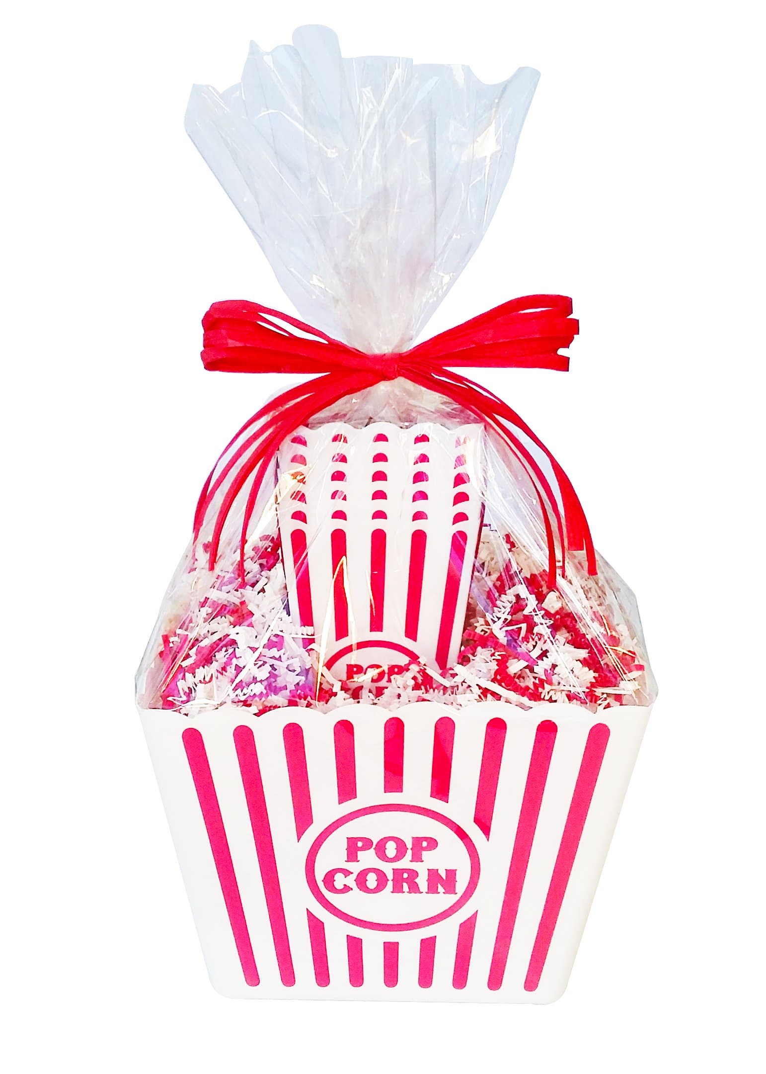 Popcorn Containers, Gift Basket, Movie Night, Reusable Plastic Popcorn Containers, with Glass Salt and Pepper Shakers