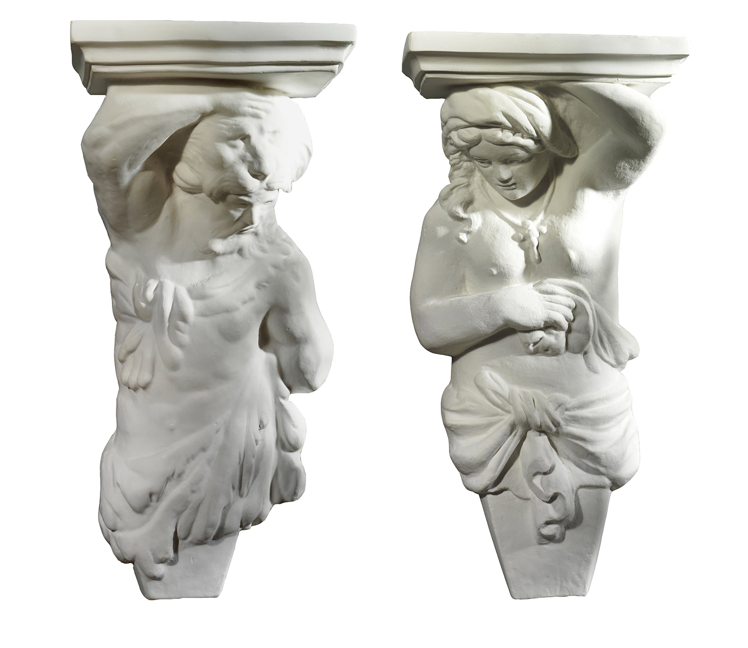 Corbels Atlas & Caryatid, pair, height each 35 cm, plaster (of paris)