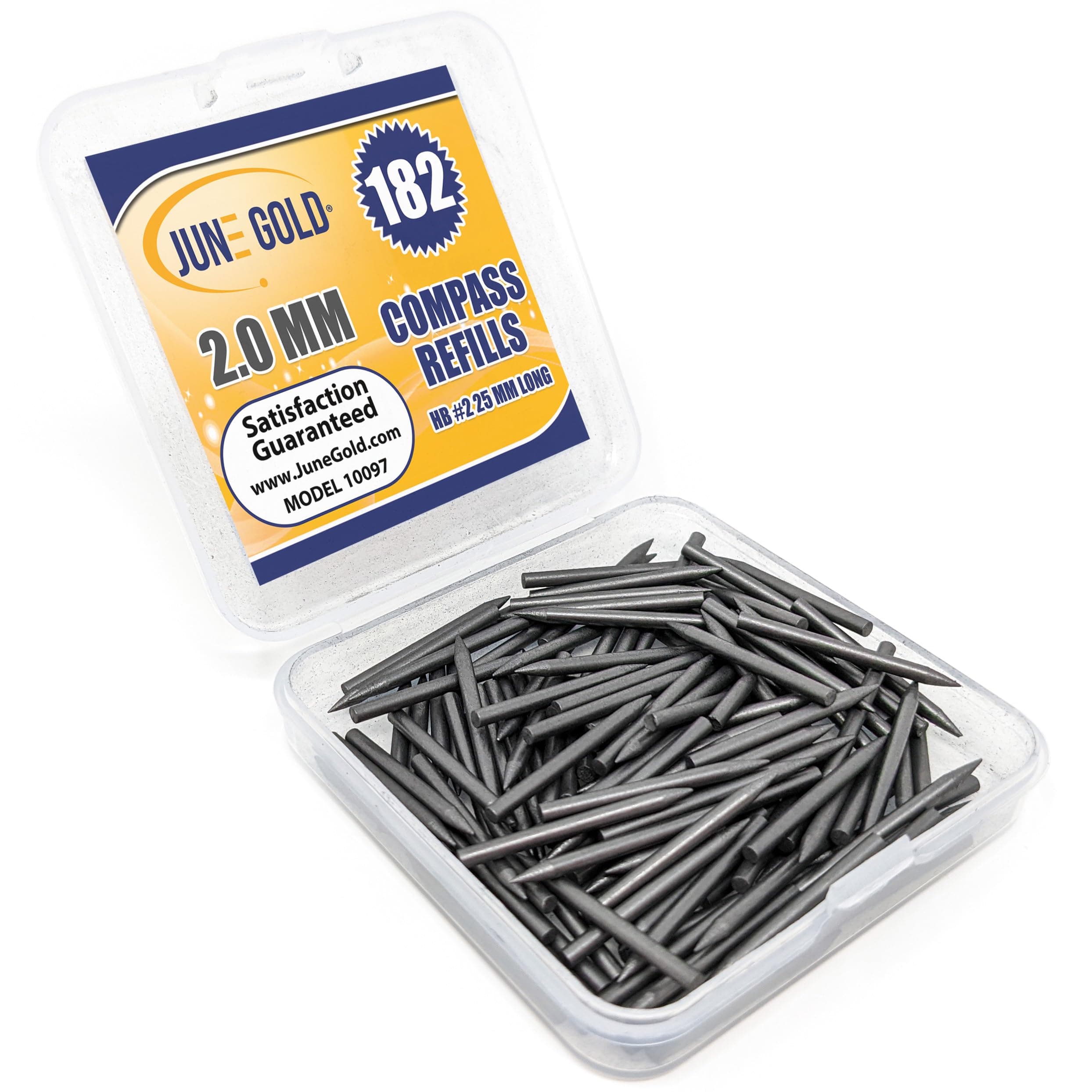June Gold 144 Compass Refills, 2.0 mm HB #2 Lead Refills, 25 mm Length, Sharp Point, Break Resistant Lead/Graphite