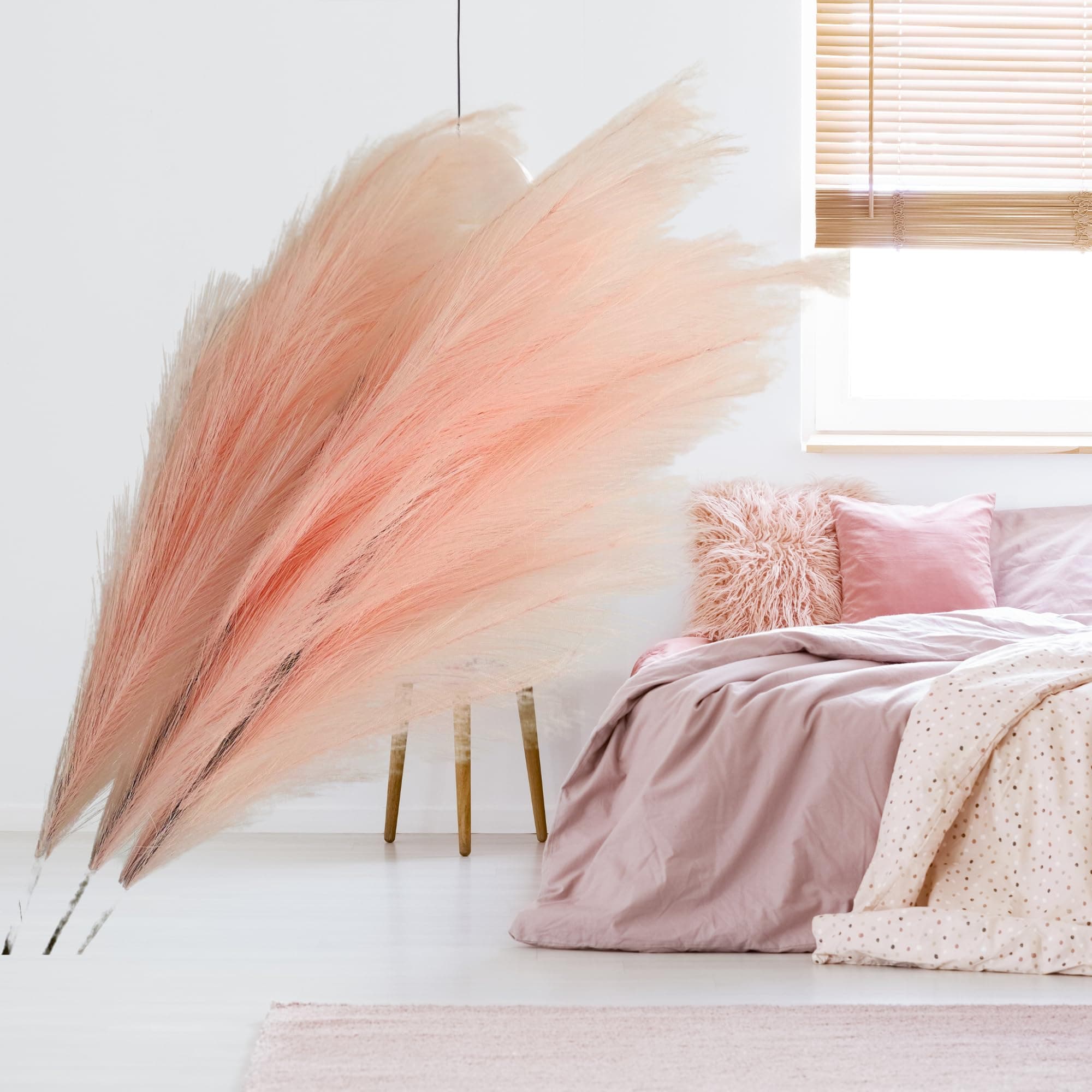 Large Pink Pampas Grass Artificial 3 Stems Faux for Floor Vase - Pastel Long Feathers Blush Bedroom Accessories Home Decor Living Room