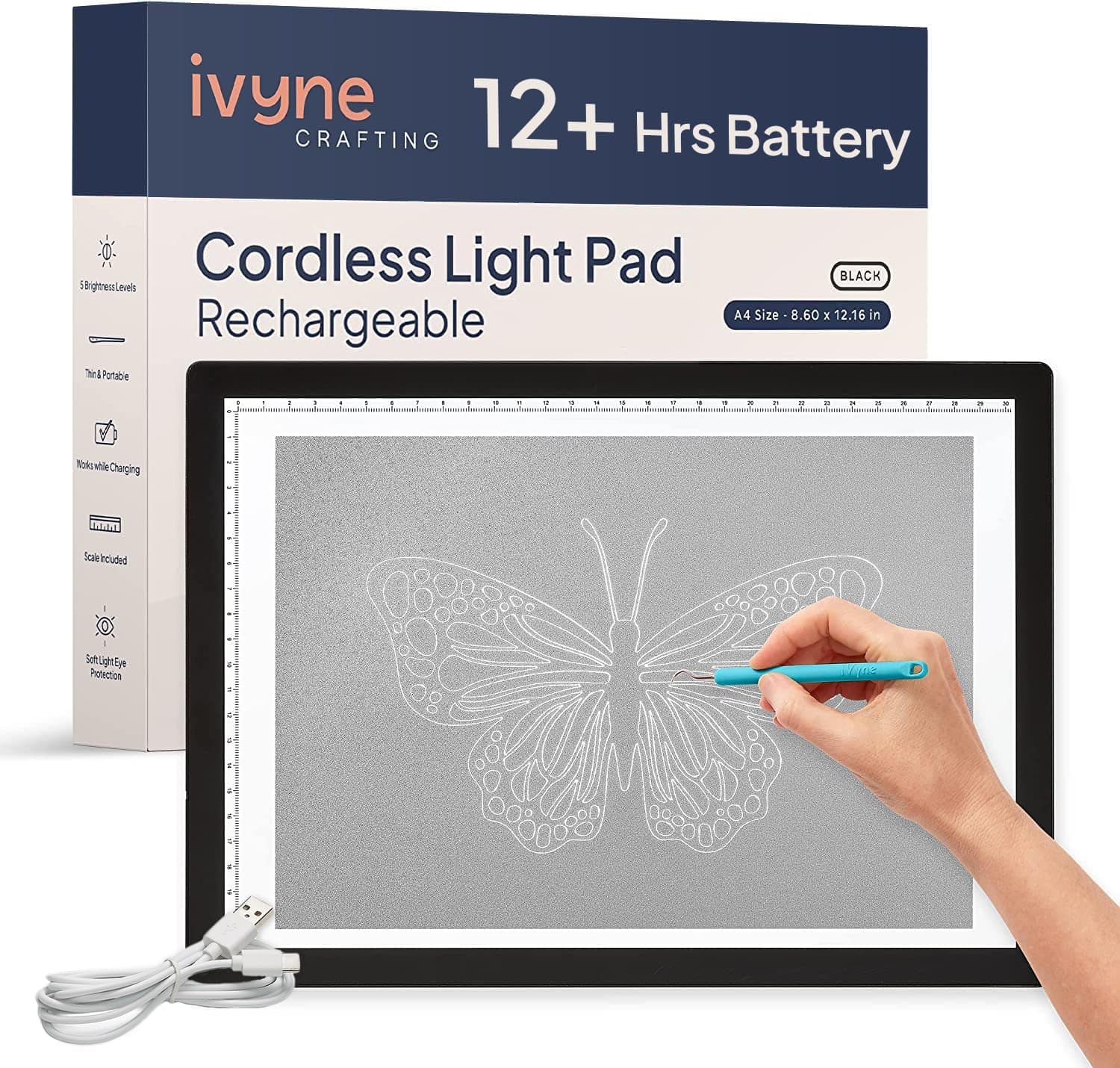 iVyneRechargeable A4 LED Light Pad for Tracing & Weeding - Ultra-Thin & Portable - Black