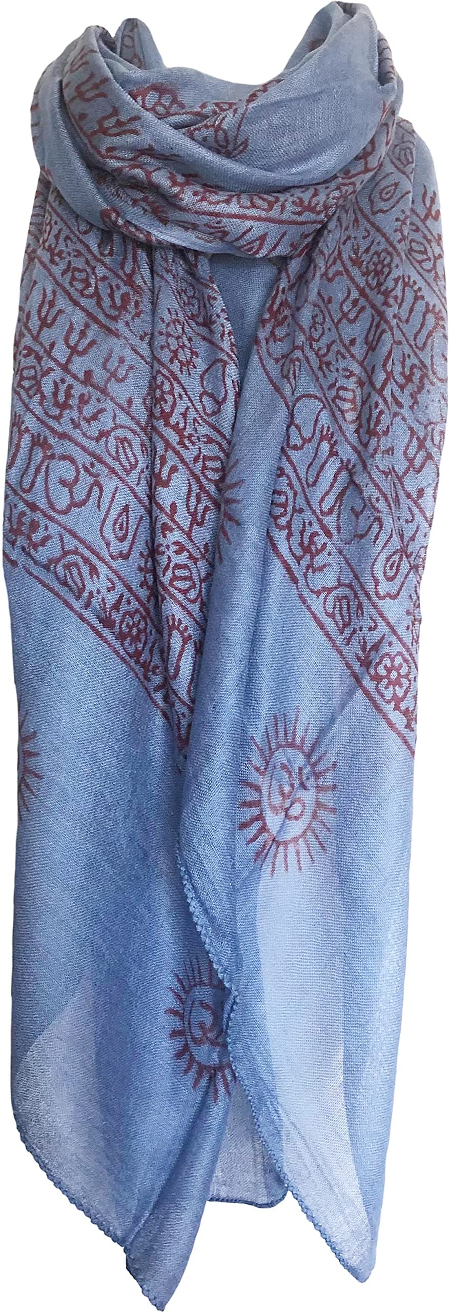 Indian Mantra Shawls Om Hand Block Printed Scarf Prayer Light Blue, One size