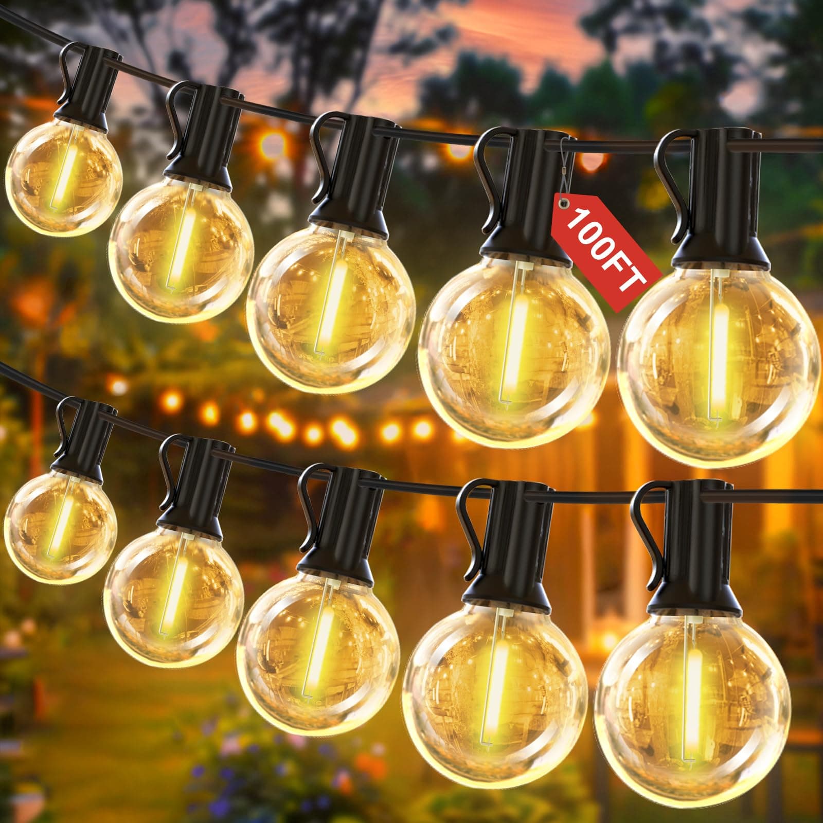 Yuucio Outdoor LED String Lights 100FT, 30M Festoon Lights Mains Powered with 52 Plastic Bulbs(2 Spare), Shatterproof Waterproof IP45 for Garden,Patio,Backyard,Gazebo, Wedding,Party,Warm White 2700K