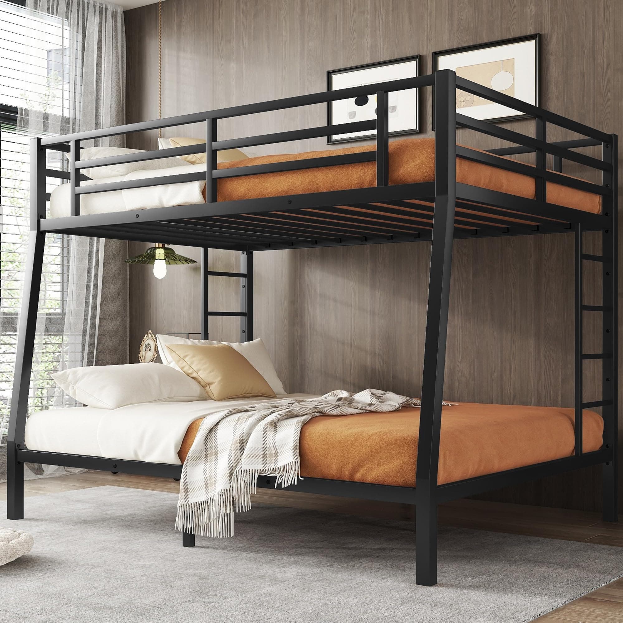 Full XL Over Queen Bunk Bed for Adults, Full XL Over Queen Bunk Bed Frame with 2 Ladder and Full Length Guardrail, Easy Assemble, Mattress Not Included, Black