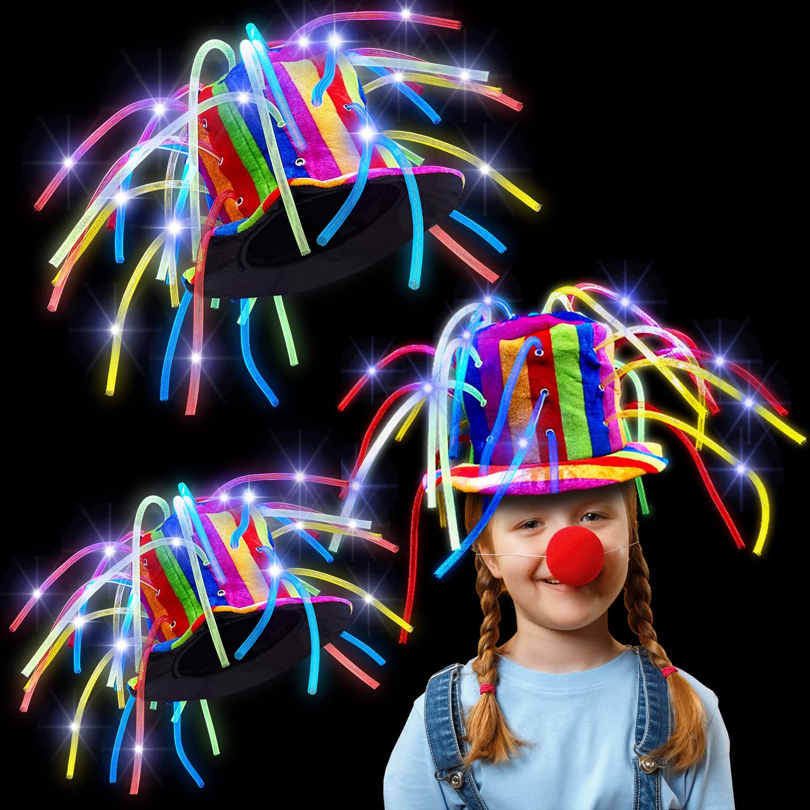 Tarpop Clown Hat, 2 Pieces LED Funny Crazy Hat Mardi Gras Jester Hat for Adults Kids Party Supplies, Costume Headwear, Holiday Occasion