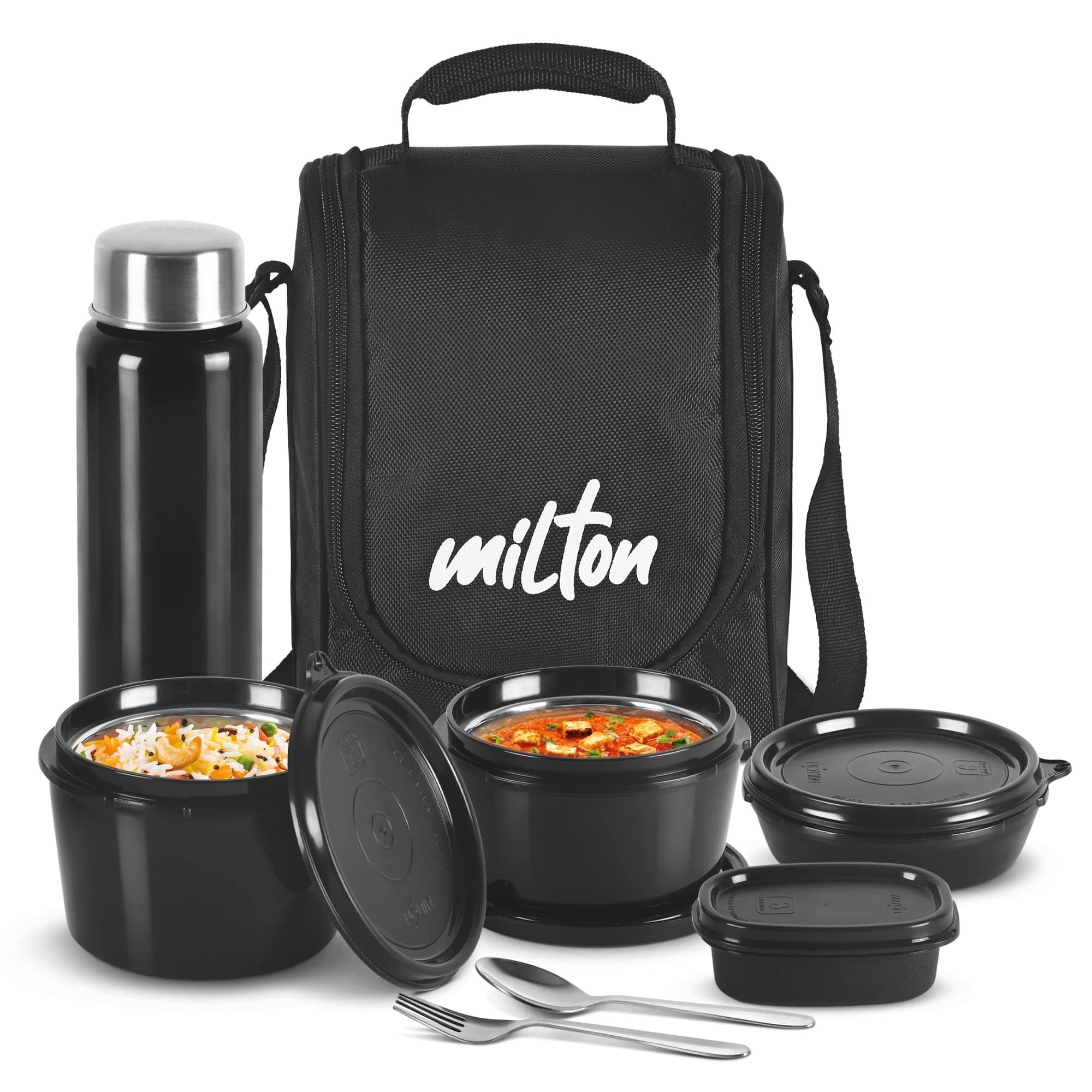 MILTON 8-Piece Pro Lunch Box Set with Insulated Bag & Cutlery - Includes 3 Microwave Safe Inner Steel Food Containers (180ml, 320ml, 450ml), 100ml Plastic Box, 750ml Bottle, Office Tiffin - Black