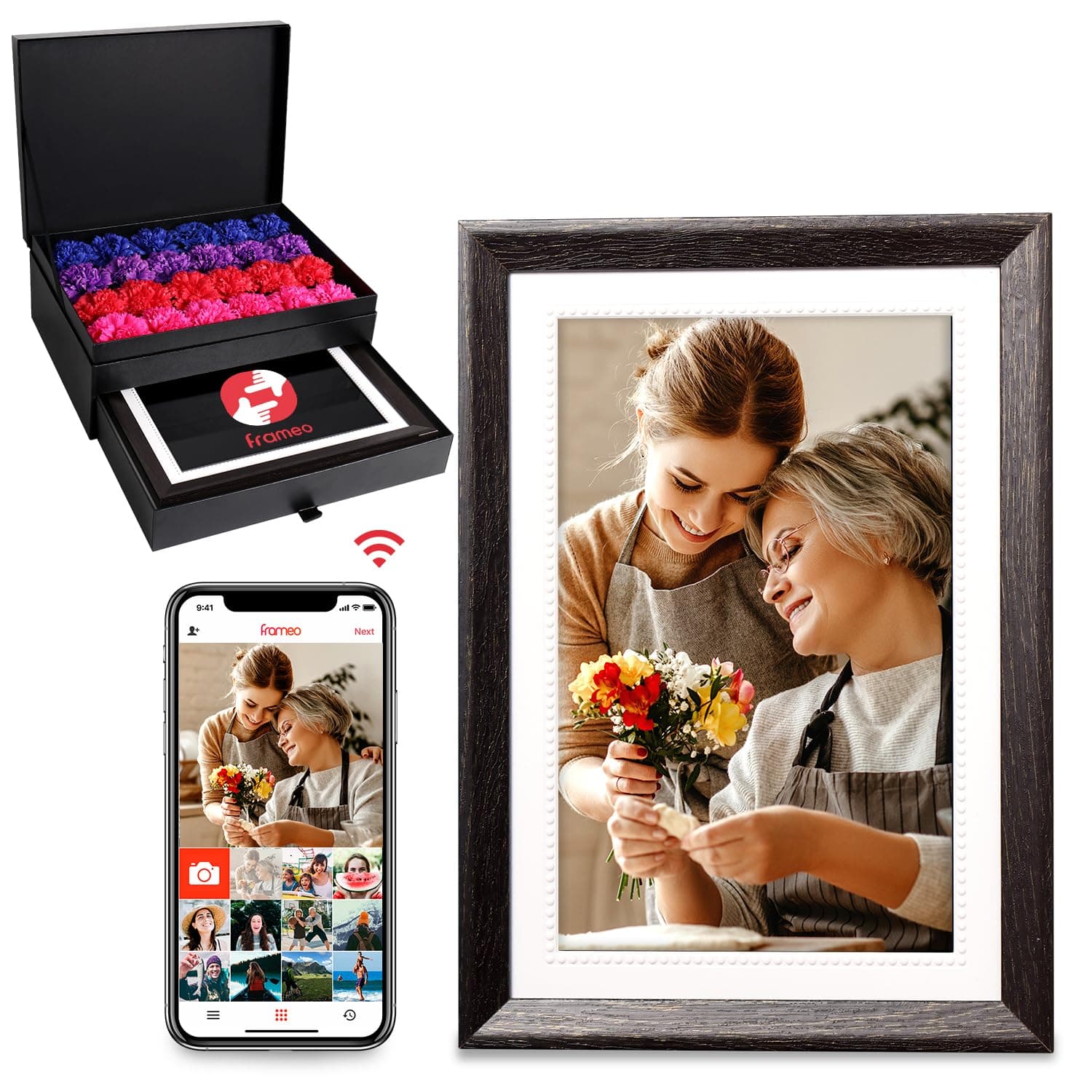 Frameo 10.1 Inch WiFi Digital Picture Frame, Jazeyeah Smart Electronic Cloud Digital Photo Frame, 24 Carnation Flowers, Birthday Gift for Mom and Women