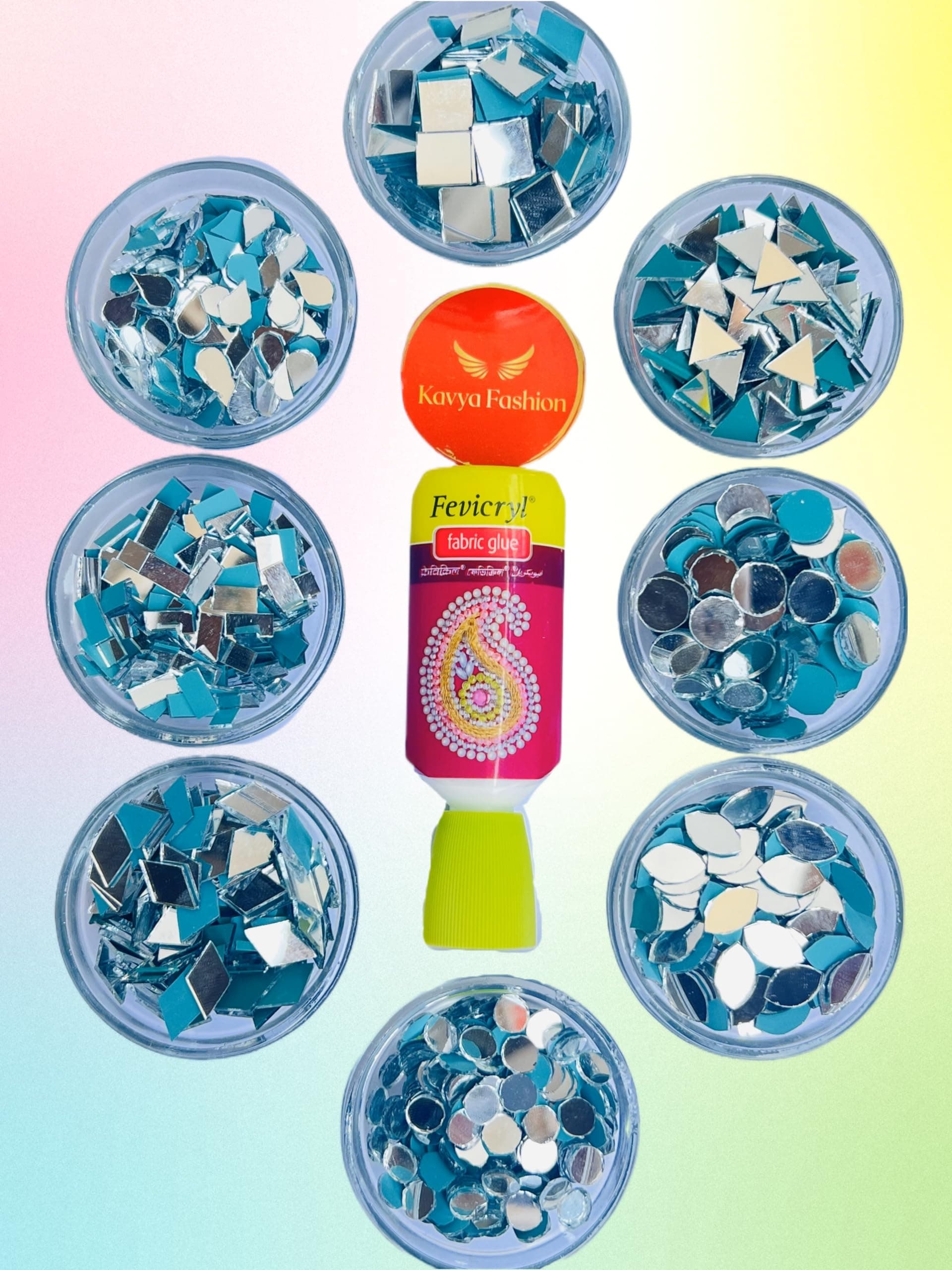 8 Shape Mirror kit for Jewellery Making,Other Craft Work Like Project & lippan Art, mud Work Decoration (Total-800 Pieces, 100 Piece of Each Shape) Free Fabric Glue (Combo of 8)