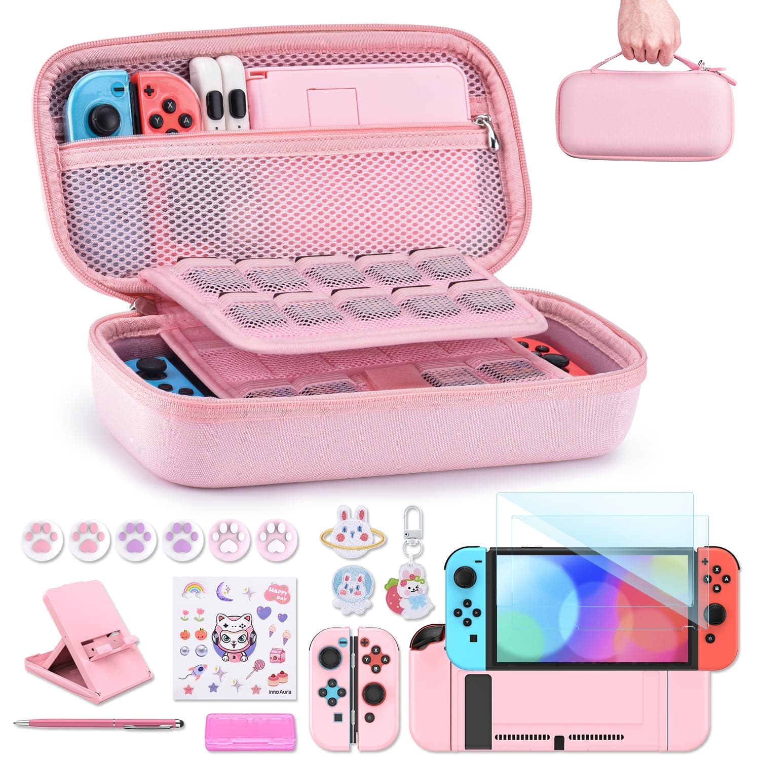 innoAura Switch Case 19-in-1 Bundle for NS Switch (2017), with Carrying Case, Game Organizer, Screen Protector, Stand and Thumb Grips, Pink