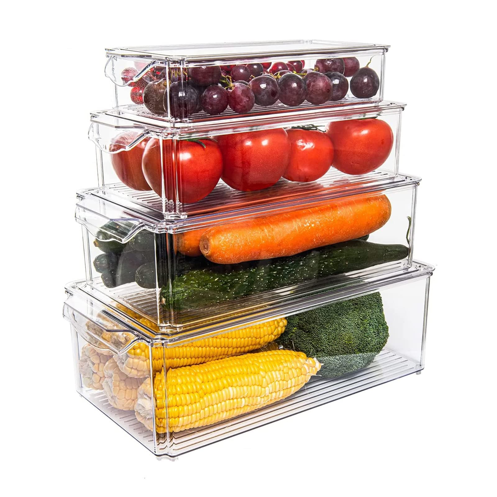 Taiuloo Set of 4 Fridge Organizer, Stackable Refrigerator Organizer Bins with Lids, Kitchen Pantry Cabinet Organization, BPA-Free Clear Food Storage Containers for Fruit, Vegetable, Cereal, Produce