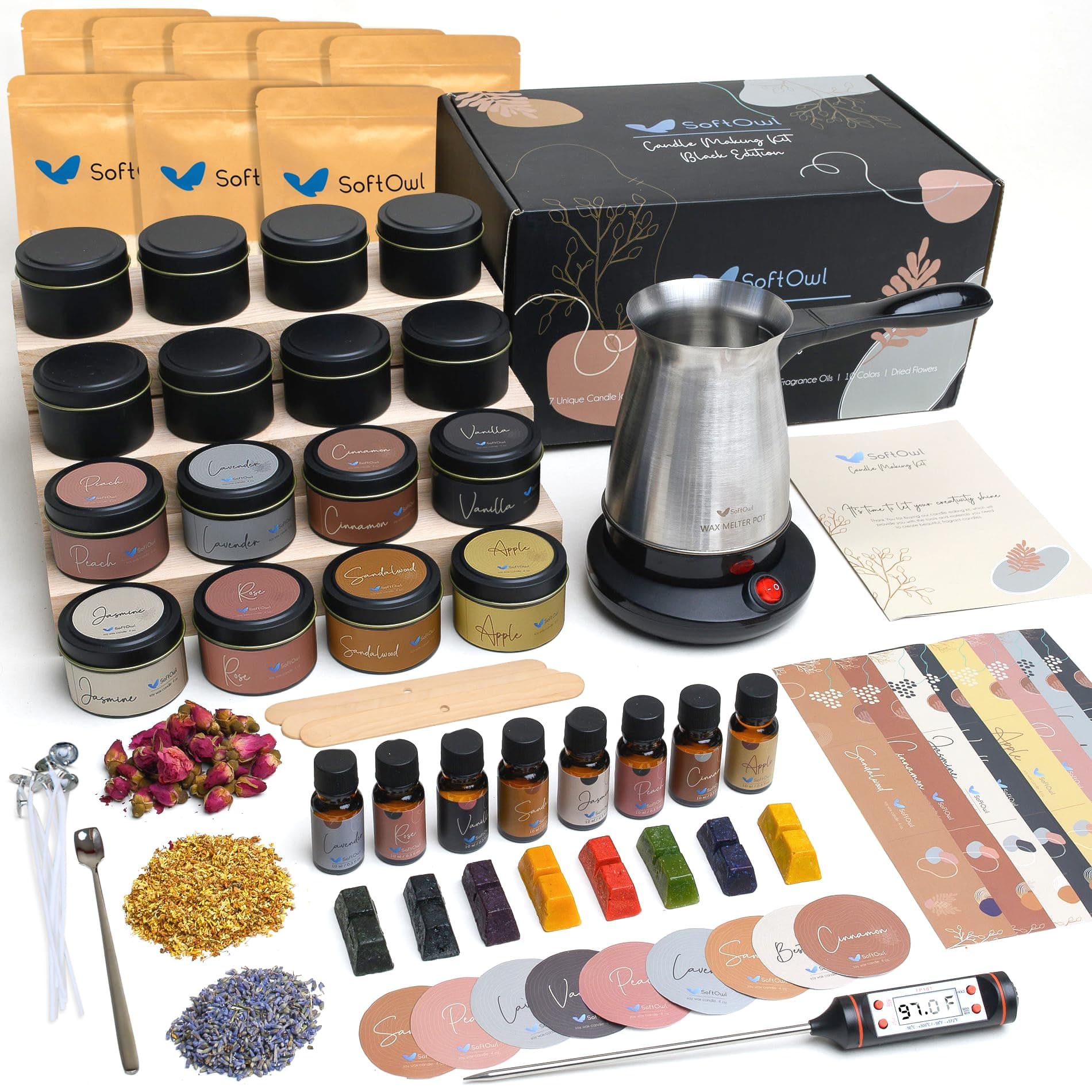 Premium Soy Candle Making Kit - Black Edition - Full Set with Electric Melter - Soy Wax, Big 16 Tins, 8 Pleasant Scents, 8x2 Color Dyes & More - Perfect as Home Decorations