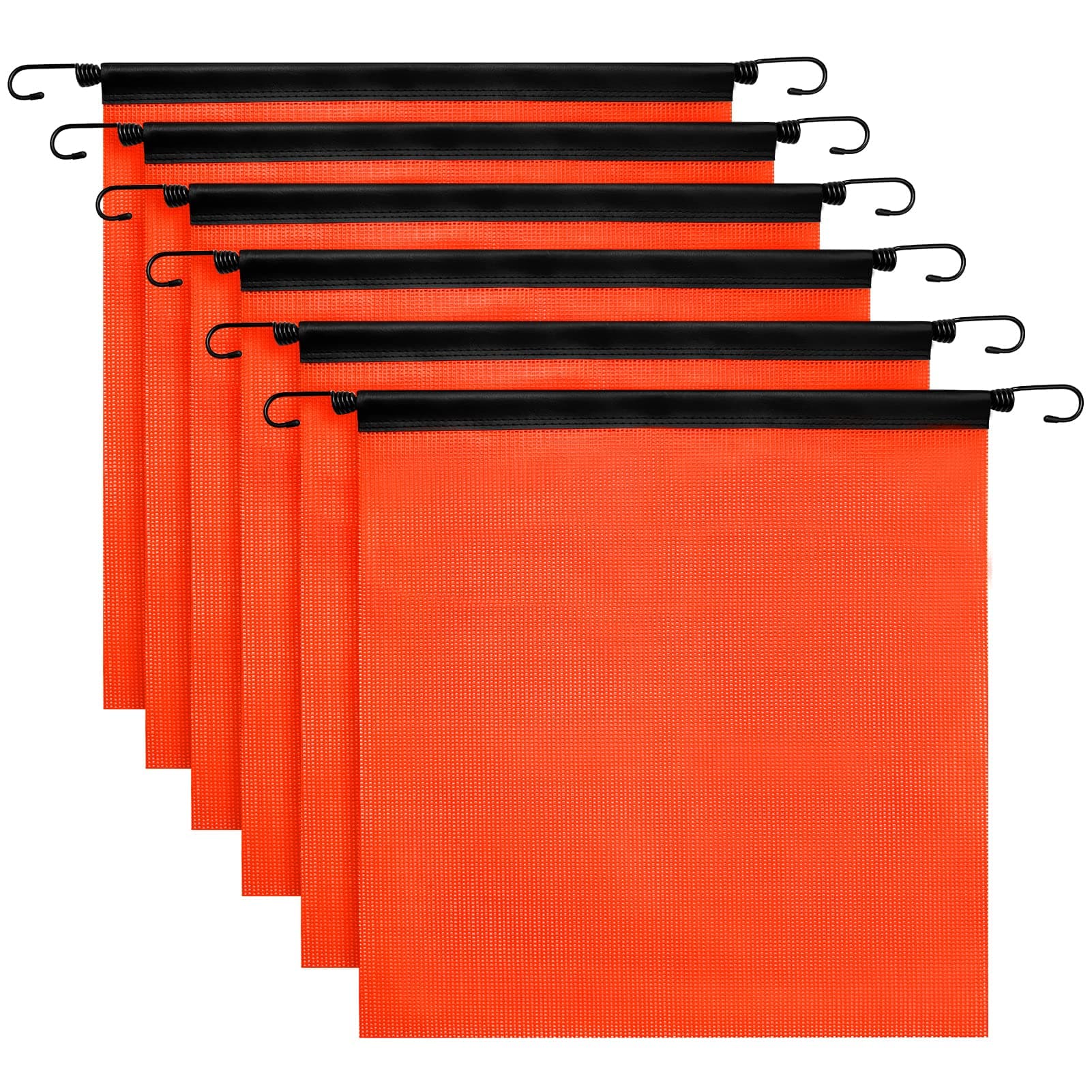 Safety Flag Set - 6 Bright Orange Mesh Warning Flags, 18 x 18 Inch, Heavy Duty, Oversize with Vinyl Welt, Bungee Cord, and EZ Hook for Trailer and Pilot Cars