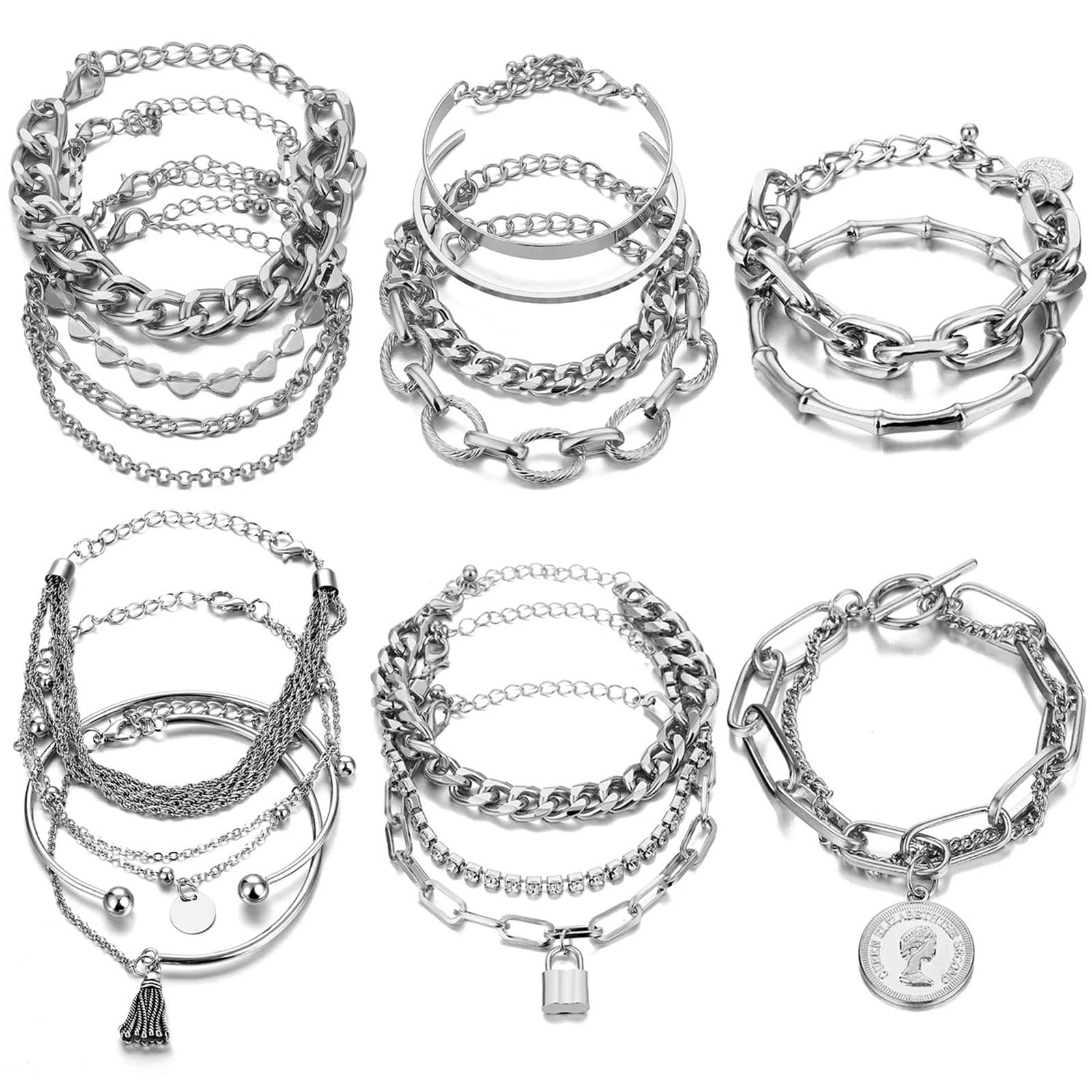 18-25 PCS(6 Pack) Boho Gold Bracelets Set for Women Stackable Chunky Dainty Bangles Adjustable Chain Flat Cuff Cuban Punk Charm Bundle Jewelry