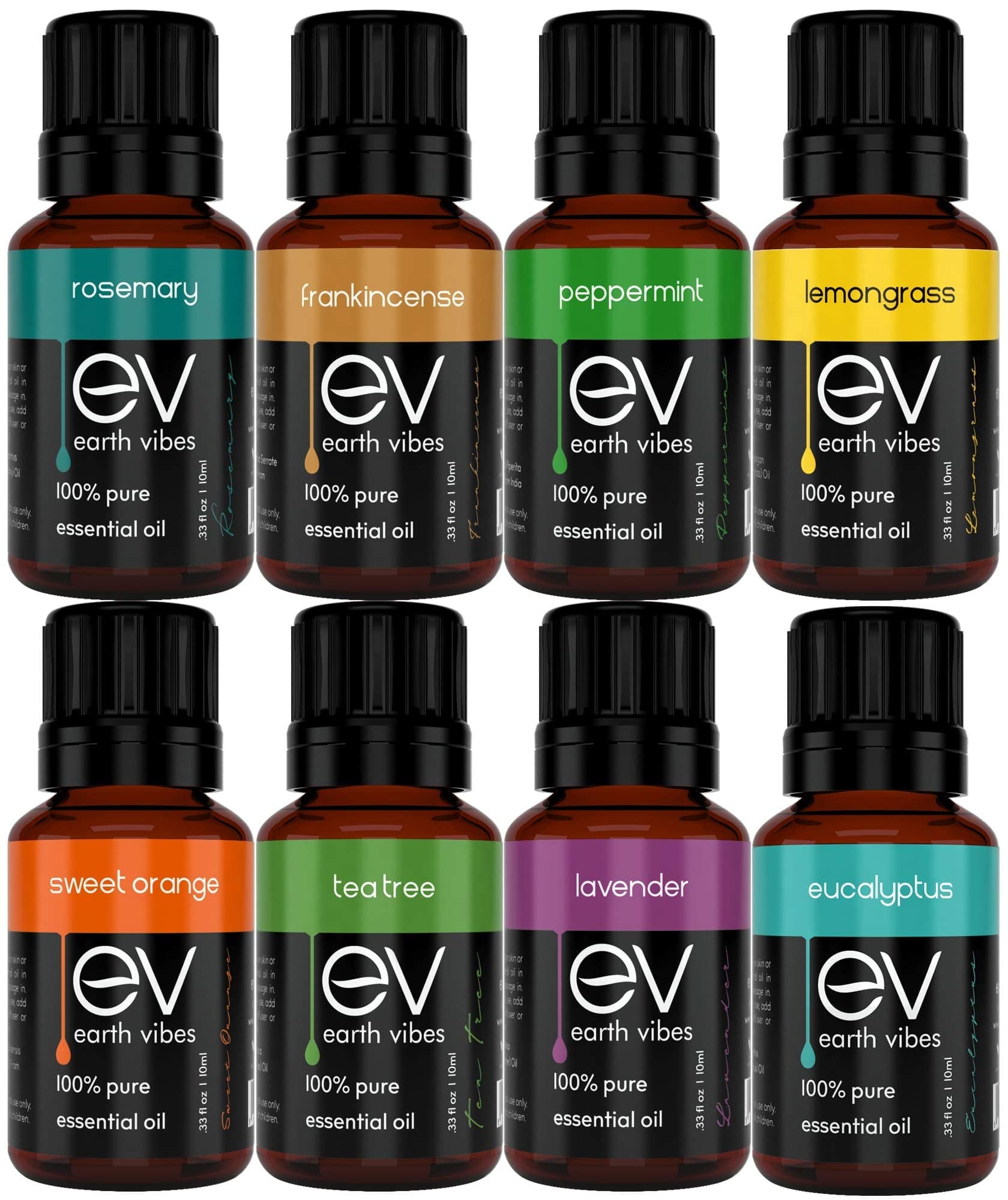 Earth Vibes Essential Oils Set Top 8 Essential Oil For Aromatherapy - 8 x 10ml - Therapeutic Grade - 100% Pure Of The Highest Quality - Tea Tree, Lavender, Peppermint, Eucalyptus Gift Set Starter Kit