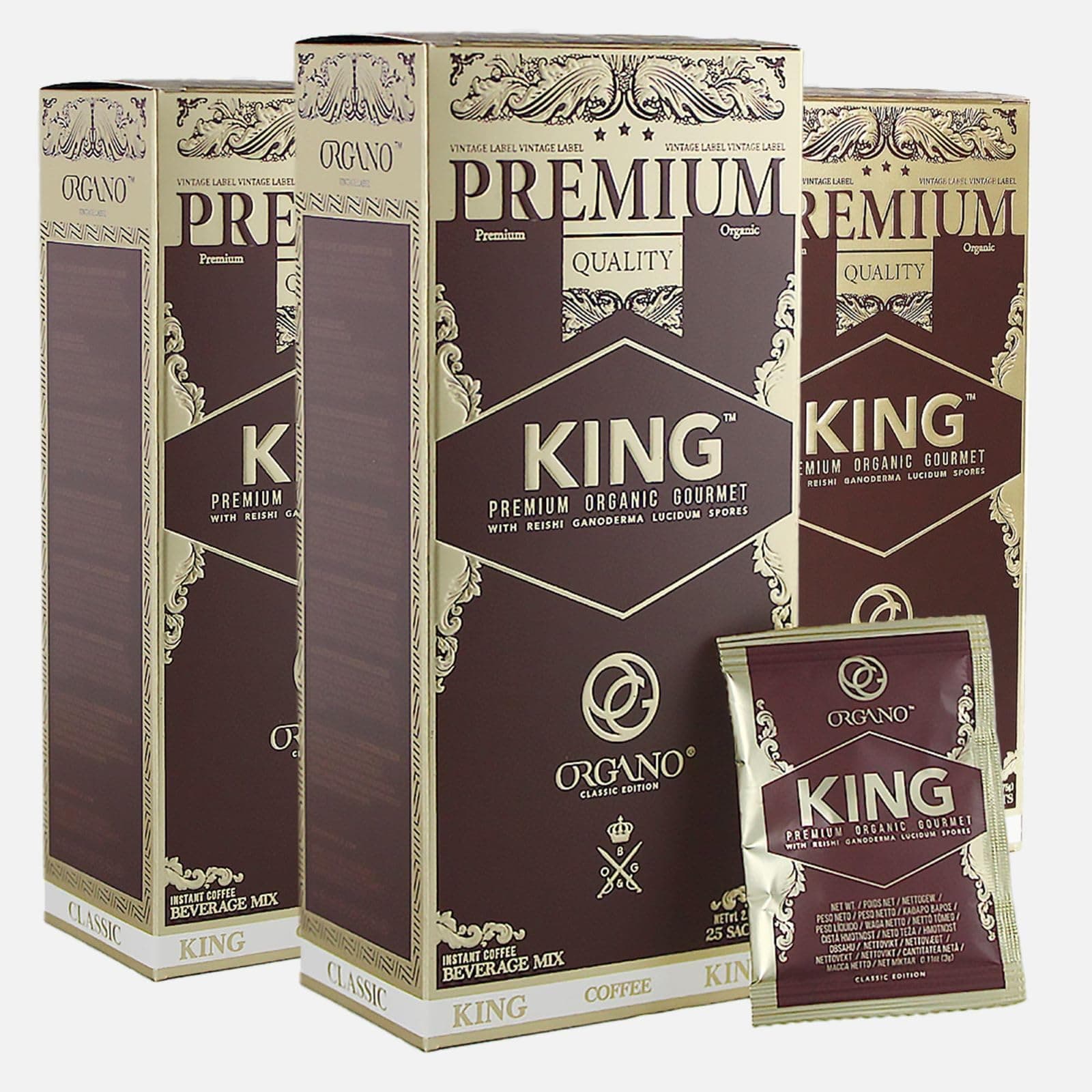 ORGANO 3 Boxes King of Coffee, 100% Certified Ganoderma Lucidum (75 Sachets)