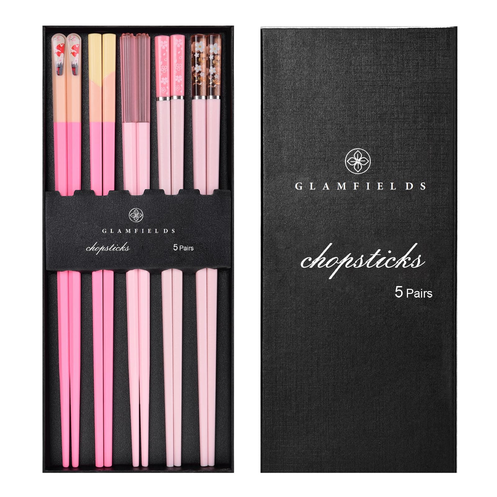 Chopsticks Reusable Dishwasher Safe, GLAMFIELDS 5 Pairs 9.5 Inches Premium Chop Sticks Set for Sushi, Ramen, Asian Cuisine, Matte Non-slip with Gift Case, Pink