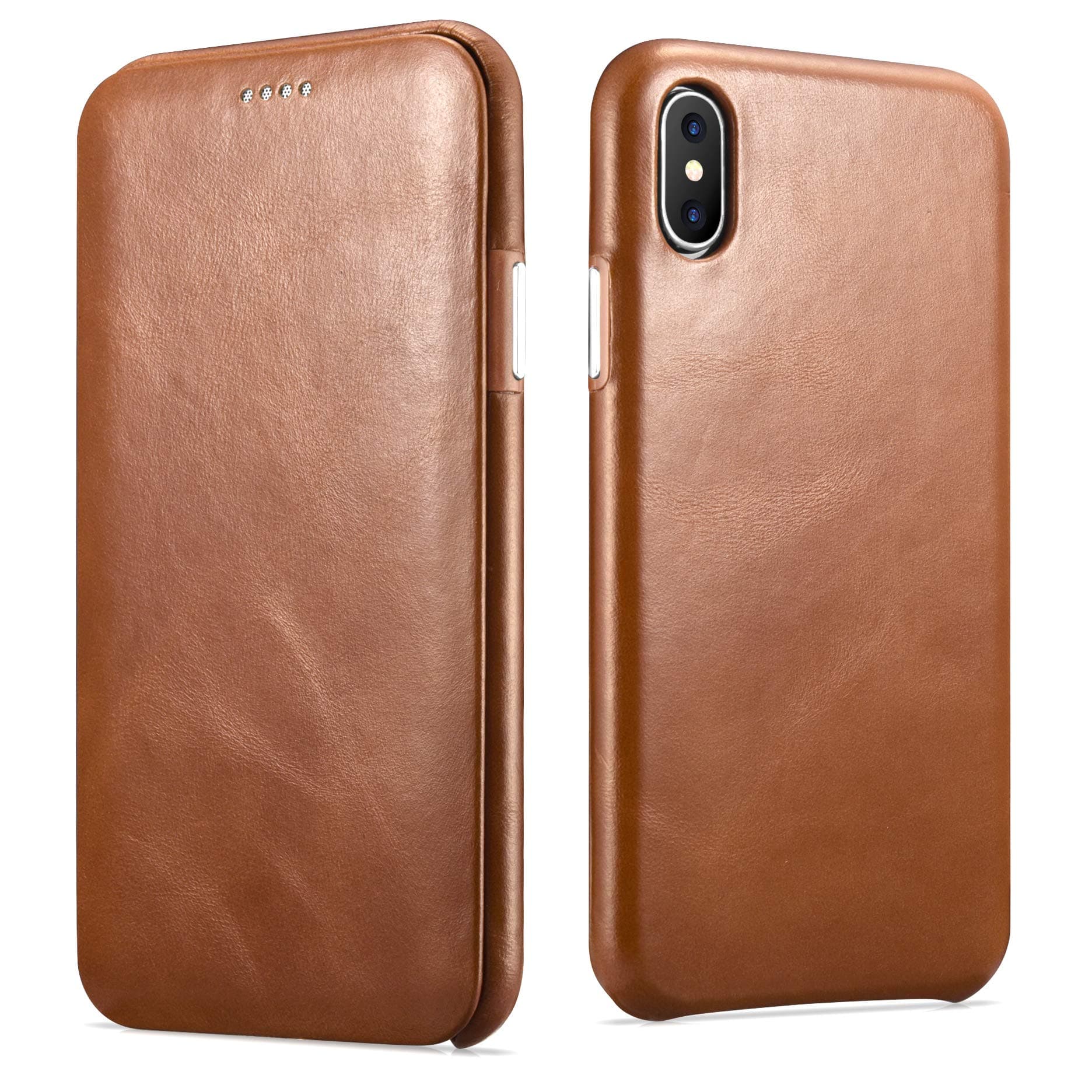 FUTLEX Genuine Leather Folio Case Compatible with iPhone XS X - Vintage Style Leather Folio Cover - Built-in Magnetic Closure - Supports Wireless Charging - Brown