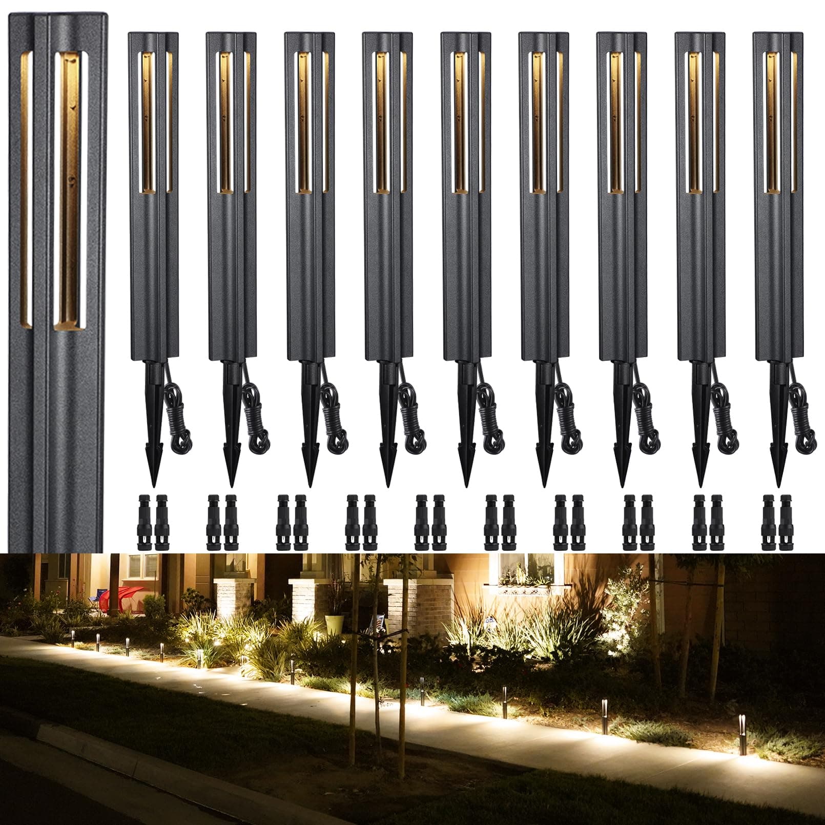 10-Pack Low Voltage Landscape Pathway Lights, LED Bollard Path Lights, 3W Outdoor Landscape Lighting for Driveway, Garden, Aluminum, 12-15V AC/DC, IP65 Waterproof, 3000K Warm White, Black