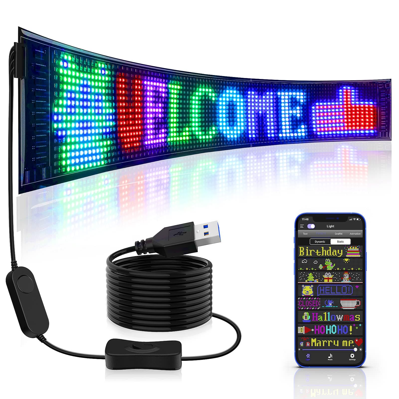RAYHOME Scrolling Huge Bright Advertising LED Signs, Flexible USB 5V LED Store Sign Bluetooth App Control Custom Text Pattern Animation Programmable Display for Store Car Bar Hotel (27''x5'')