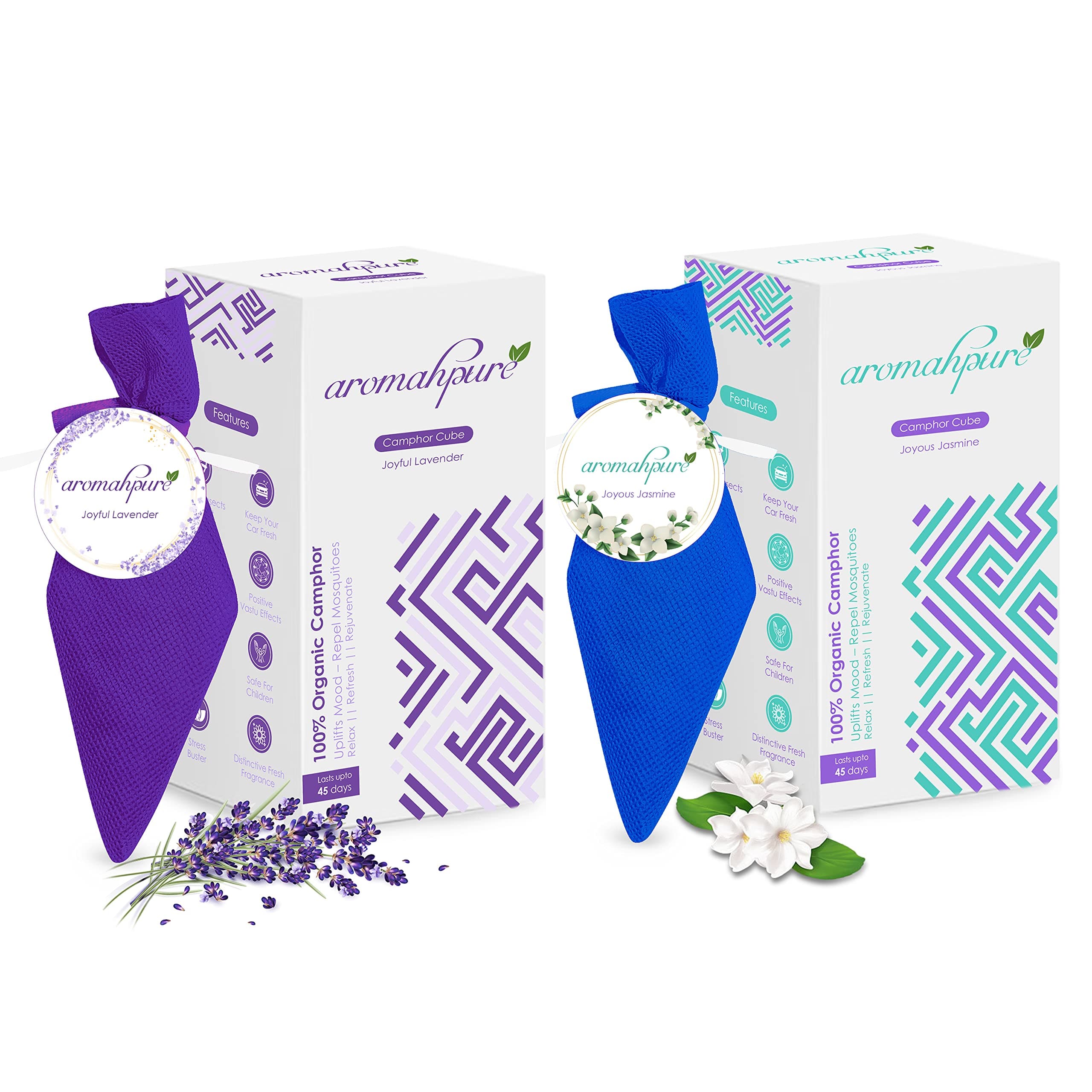 Camphor Cube | Pack of 2| Joyous Jasmine & Joyful Lavender Fragrance | 45 Days Last Long| 100% Pure & Organic Camphor Cube for Car, Room, Bathroom & Air Freshener