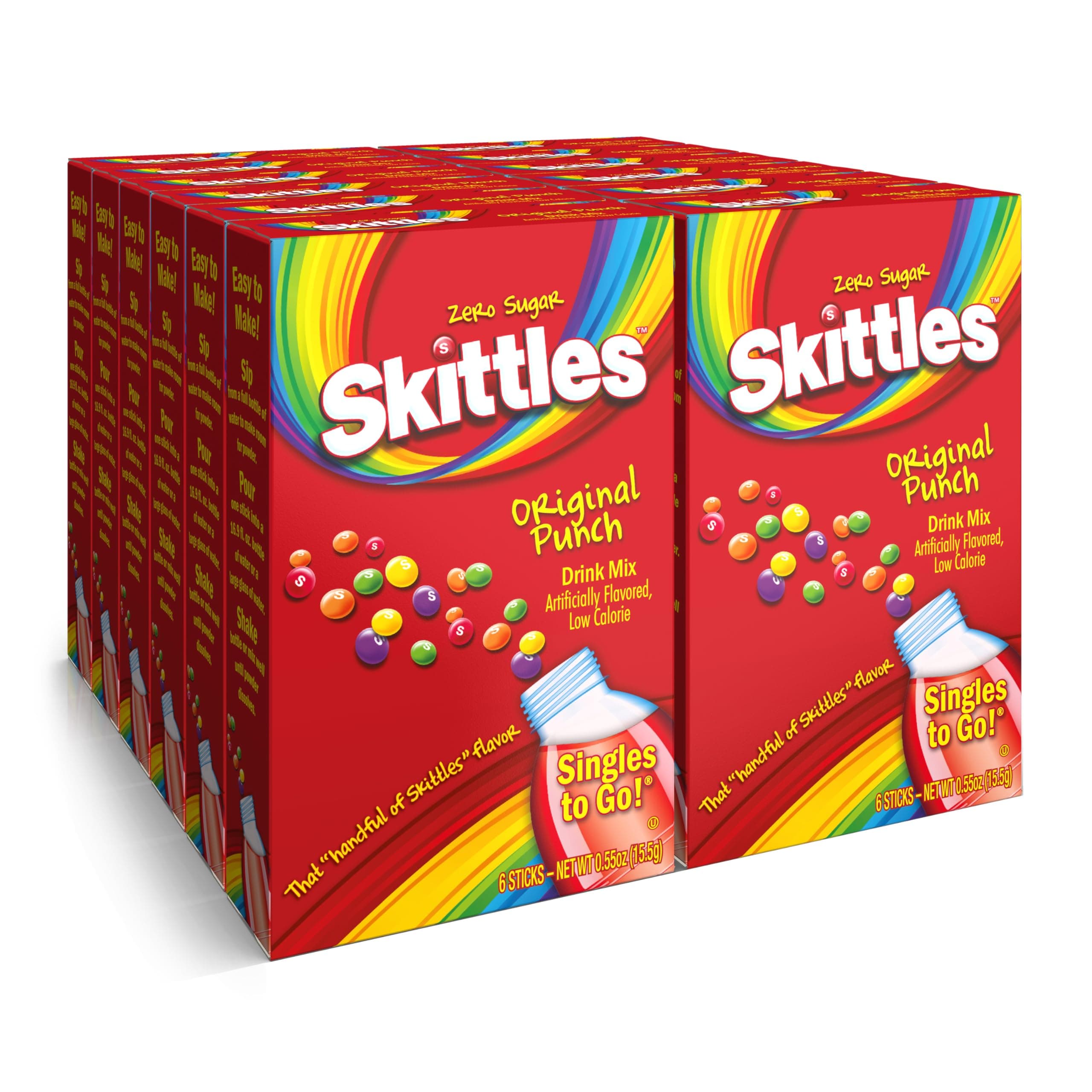 Skittles Singles to Go Original Punch, Powdered Drink Mix, Zero Sugar, Low Calorie, Includes 12 boxes, 6 Servings per Box, 72 Total Servings,6 Count (Pack of 12)