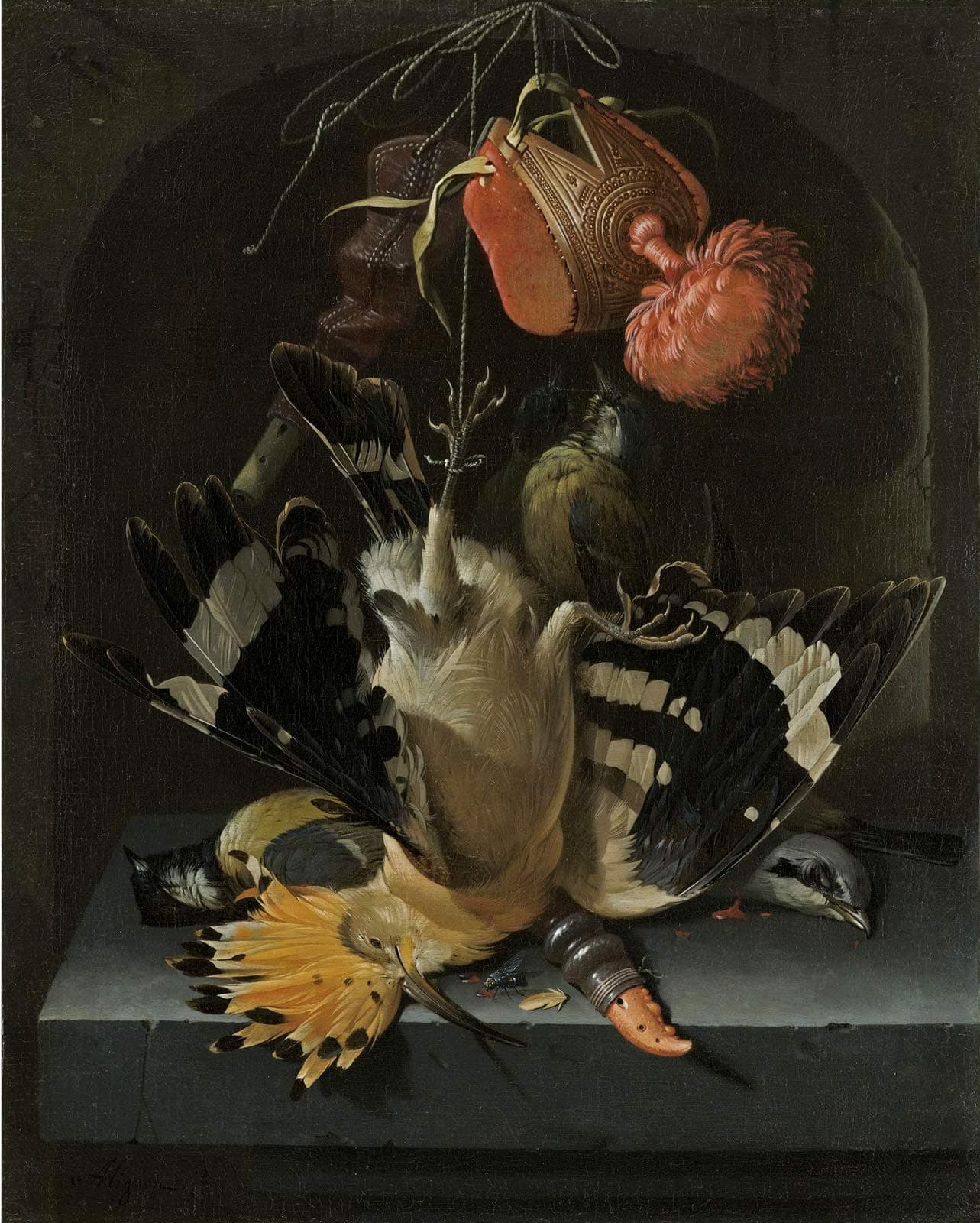 Abraham Mignon Still Life with a hoopoe, a Great tit, a Falconry Hood and a Decoy Whistle Private Collection 24" x 19" Fine Art Giclee Canvas Print Reproduction (Unframed)