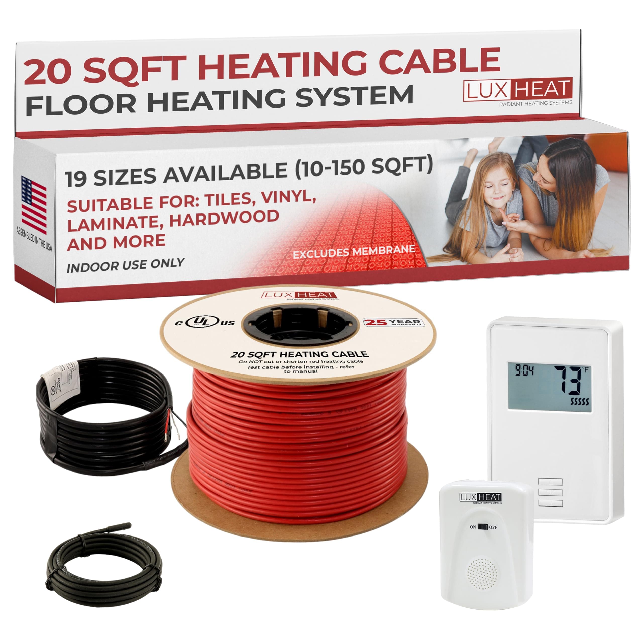 20sqft Floor Heating Cable Kit - 120v Heated Floor Kit for Tile, Laminate - Heated Flooring System - Includes UTN4 Non-Programmable Thermostat w/GFCI, Heating Cable, Alarm & Flooring Sensor
