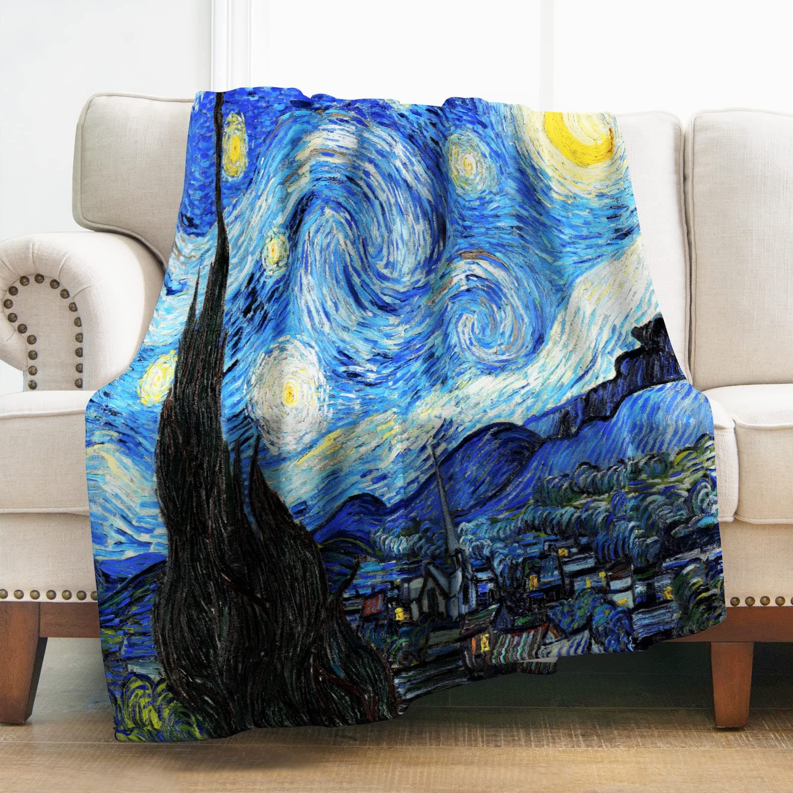 Levens Van Gogh The Starry Night Throw Blanket, Abstract Theme Decor for Couch Bed Sofa Travelling Camping, Birthday Christmas Soft Cozy Lightweight Flannel Fleece Blankets for Kids Adults 50"x60"