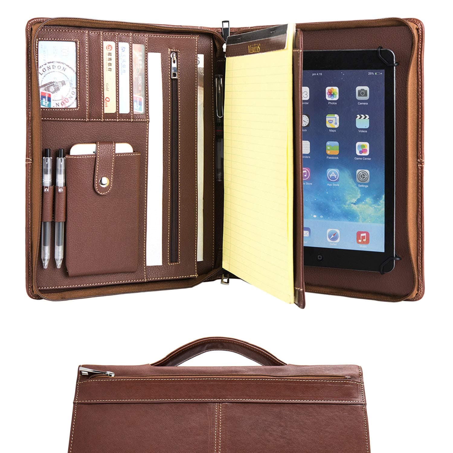 Handmade Leather A4 Conference Folder Zipped for New iPad Pro 10.5 and iPad Pro 11" 2018/2020, Business Portfolio Padfolio Organizer Case with Retractable Handle and Writing Pad, Brown