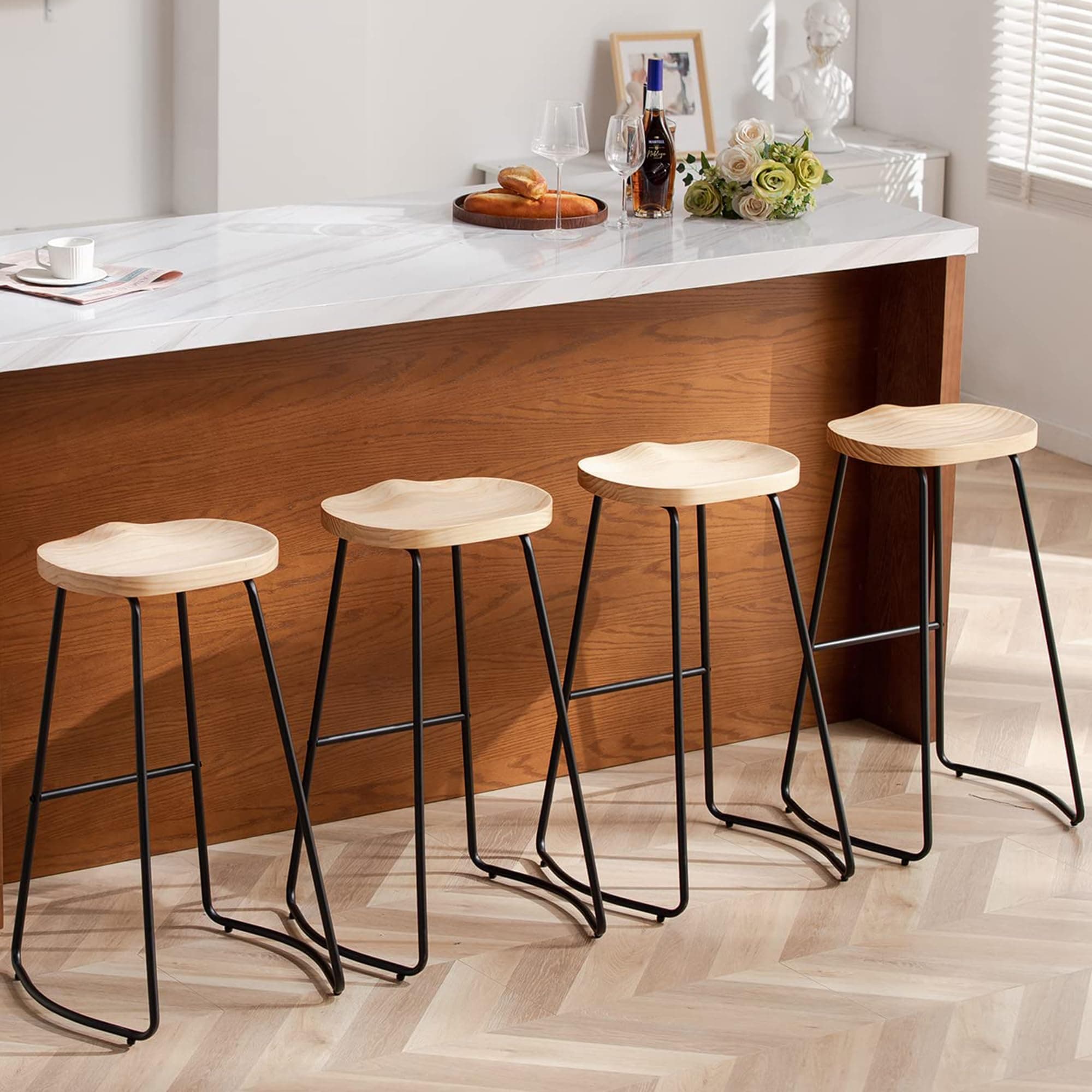 HeuGah Bar Stools Set of 4, Saddle Seat Bar Stools with Metal Legs, Rustic Backless Counter Height Stools, Industrial Counter Stools (Burlywood, 4 PCS 30Inch Bar Stools)