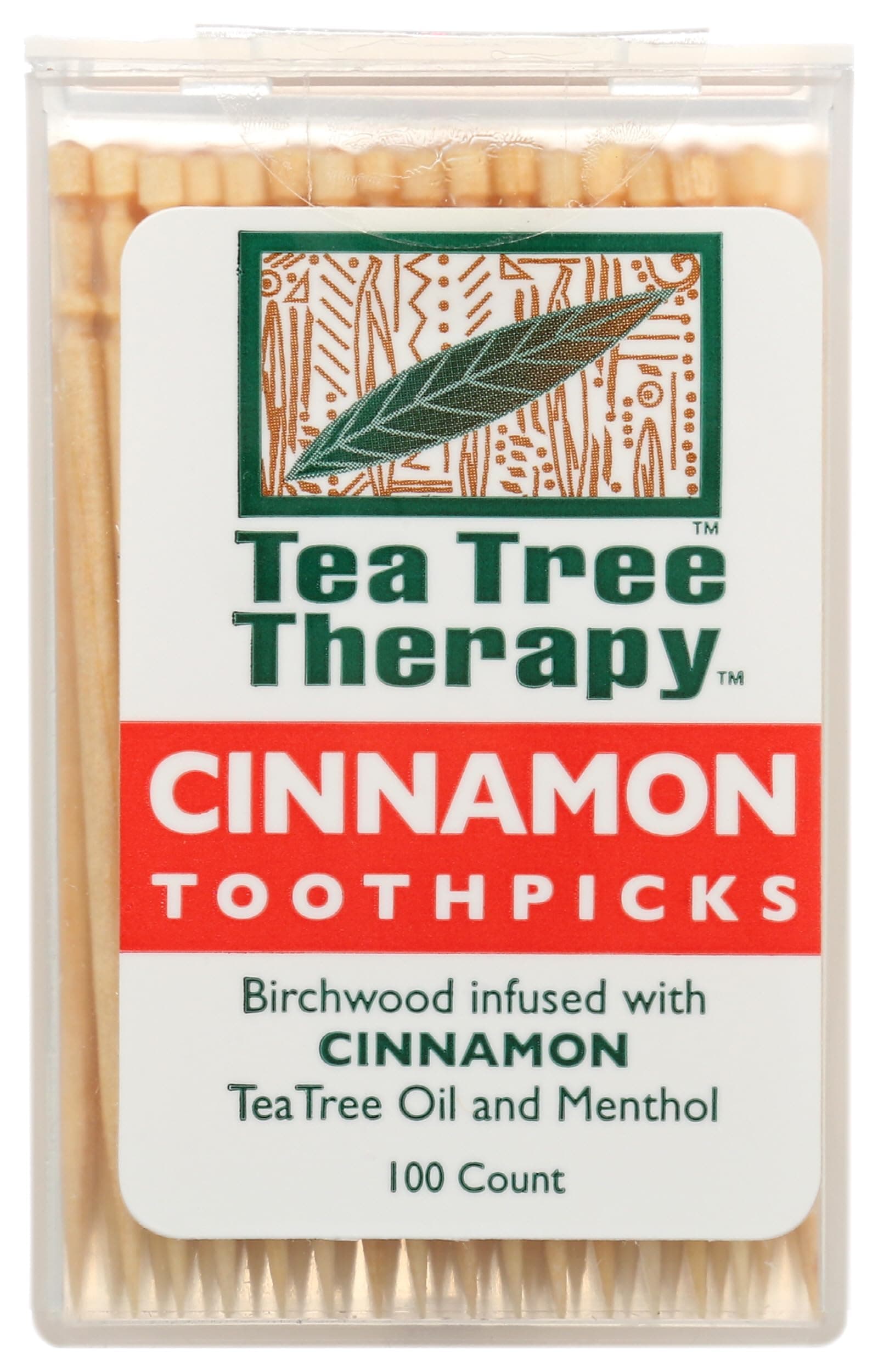 Tea Tree Therapy Cinnamon Toothpicks | 100 Count | Birchwood Infused with Cinnamon, Tea Tree Oil & Menthol | Freshens Breath & Cleans Teeth