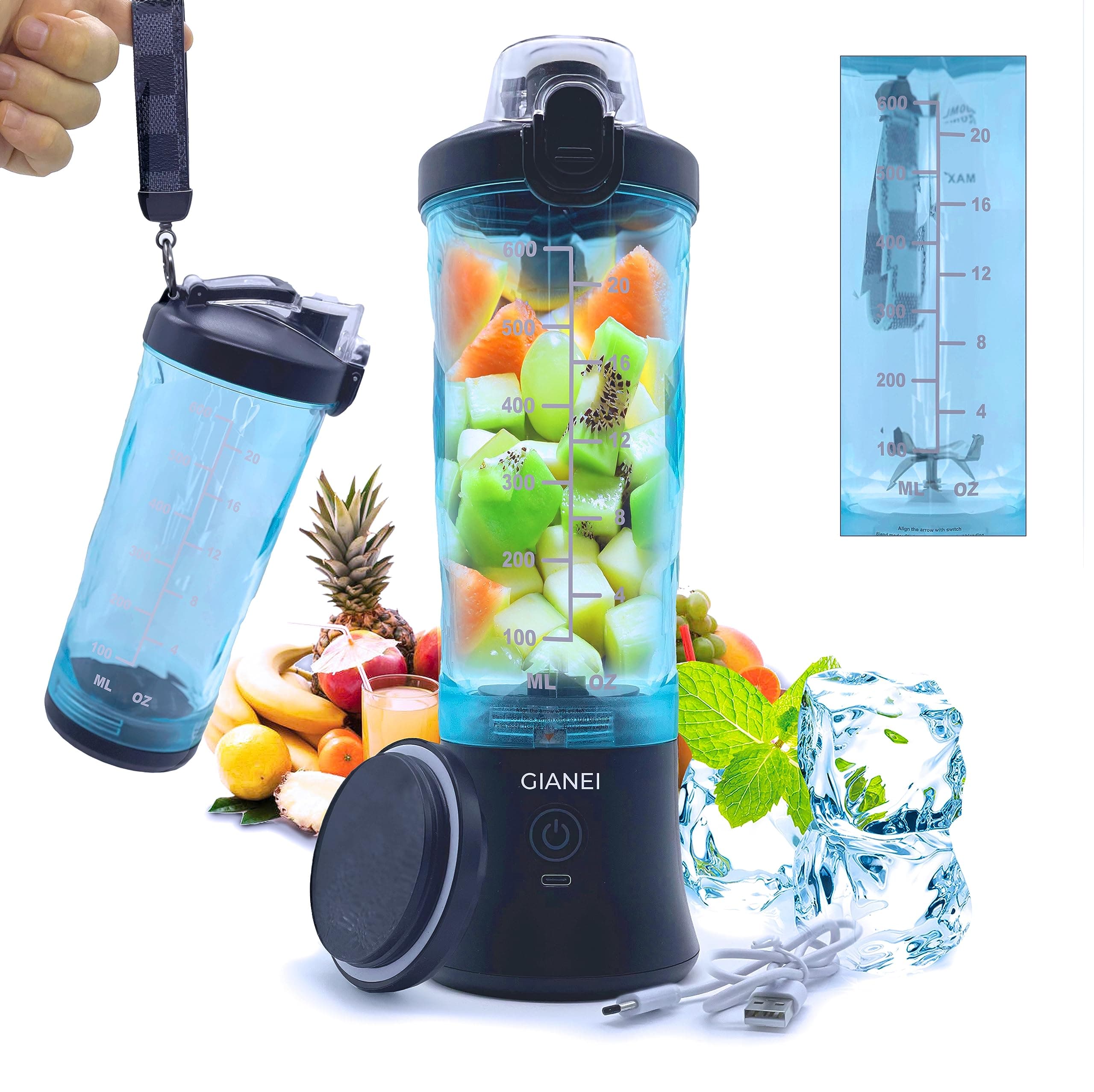 GianeiPortable Blender Smoothie Maker - Portable Smoothie Blender with Travel Cup Lid, Ice Blender with Graduated Blender Bottle 600ml, Waterproof USB Rechargeable. Carry Bag Included (Black)