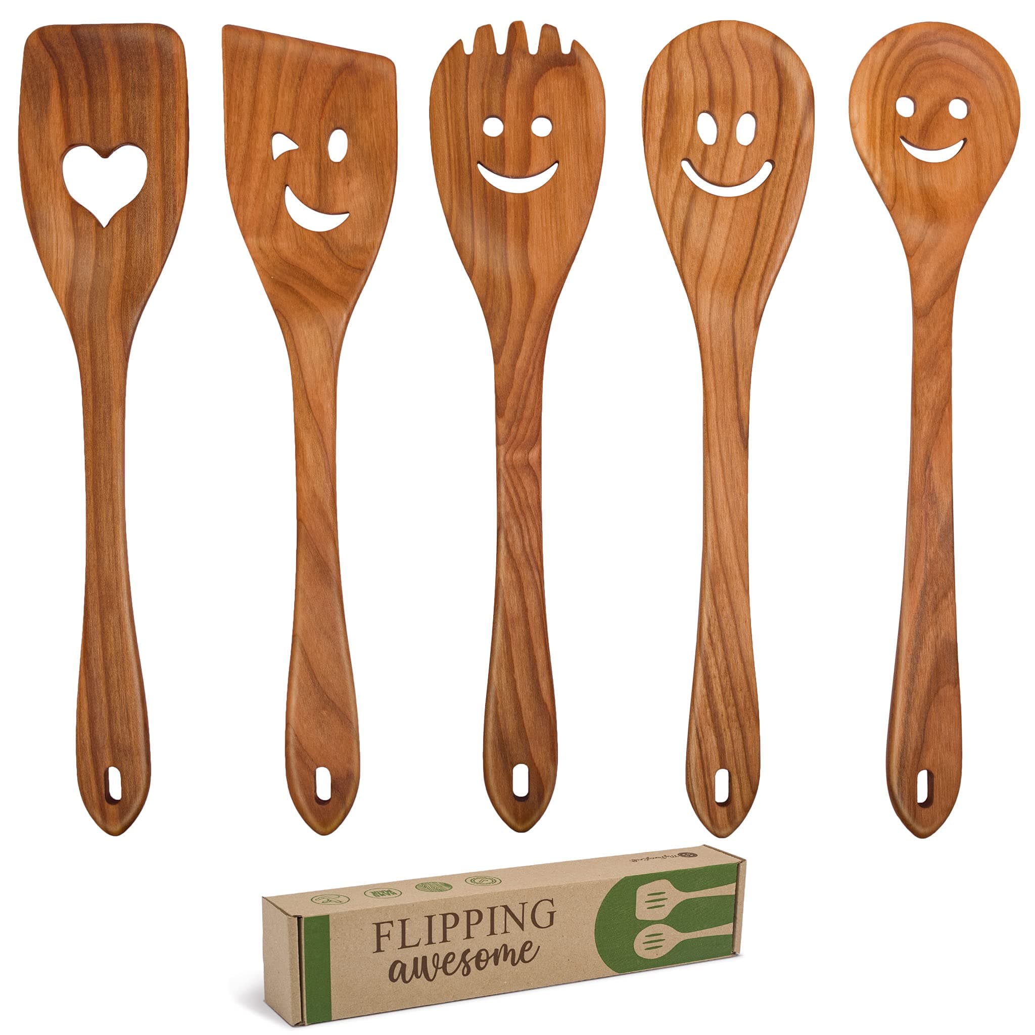 MFC 5-Piece Wooden Cooking Spoons - Kitchen Set from Natural Cherry Wood - Wooden Spoons for Cooking - Funny Utensil Set with Smiley Faces - Cooking Multipurpose Wood Utensils