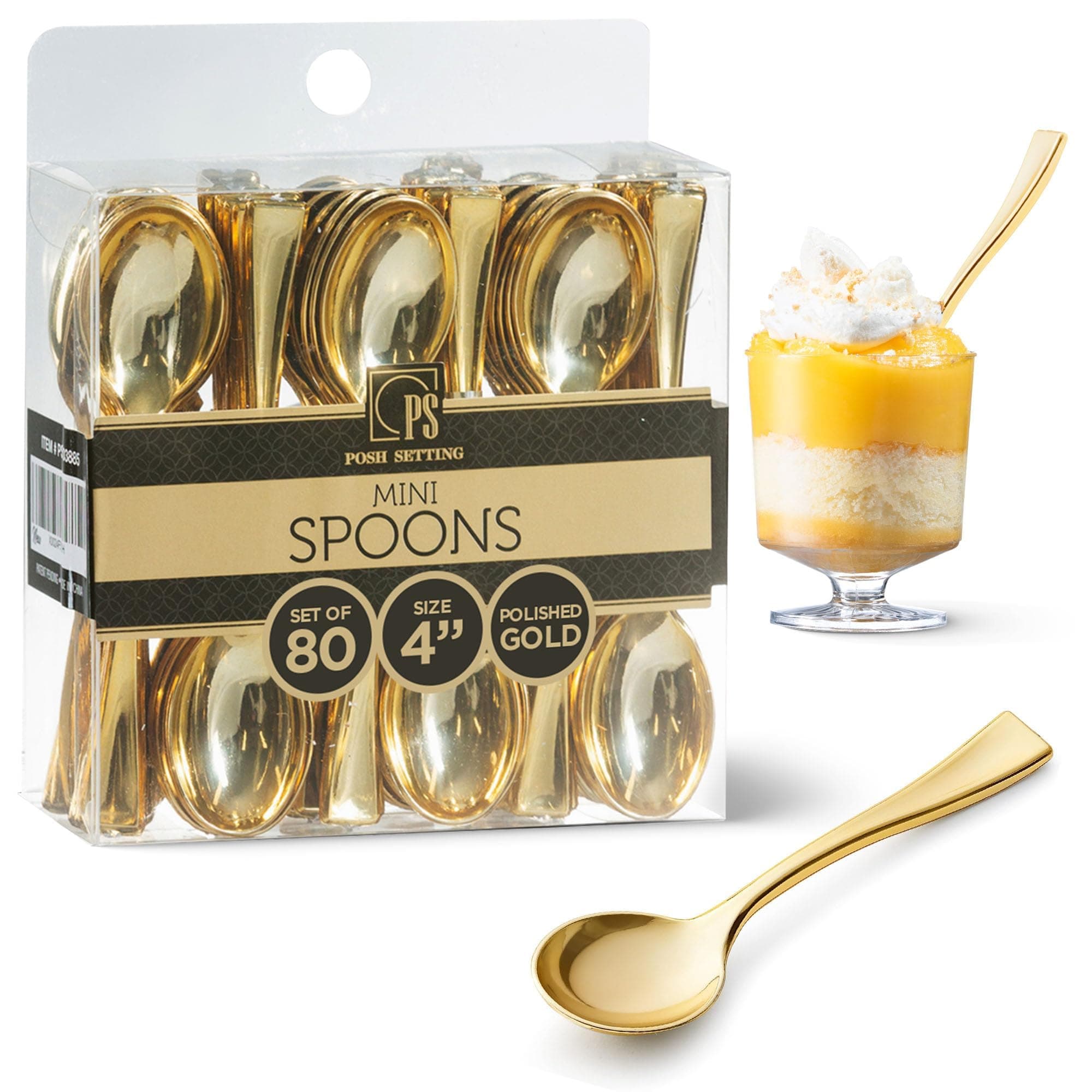 Posh Setting Plastic Mini Gold Spoons, 4 inch Gold Dessert Spoon Disposable, Small Plastic Spoons for Dessert, Tiny Little Appetizer Spoon Golden (80 Pack)