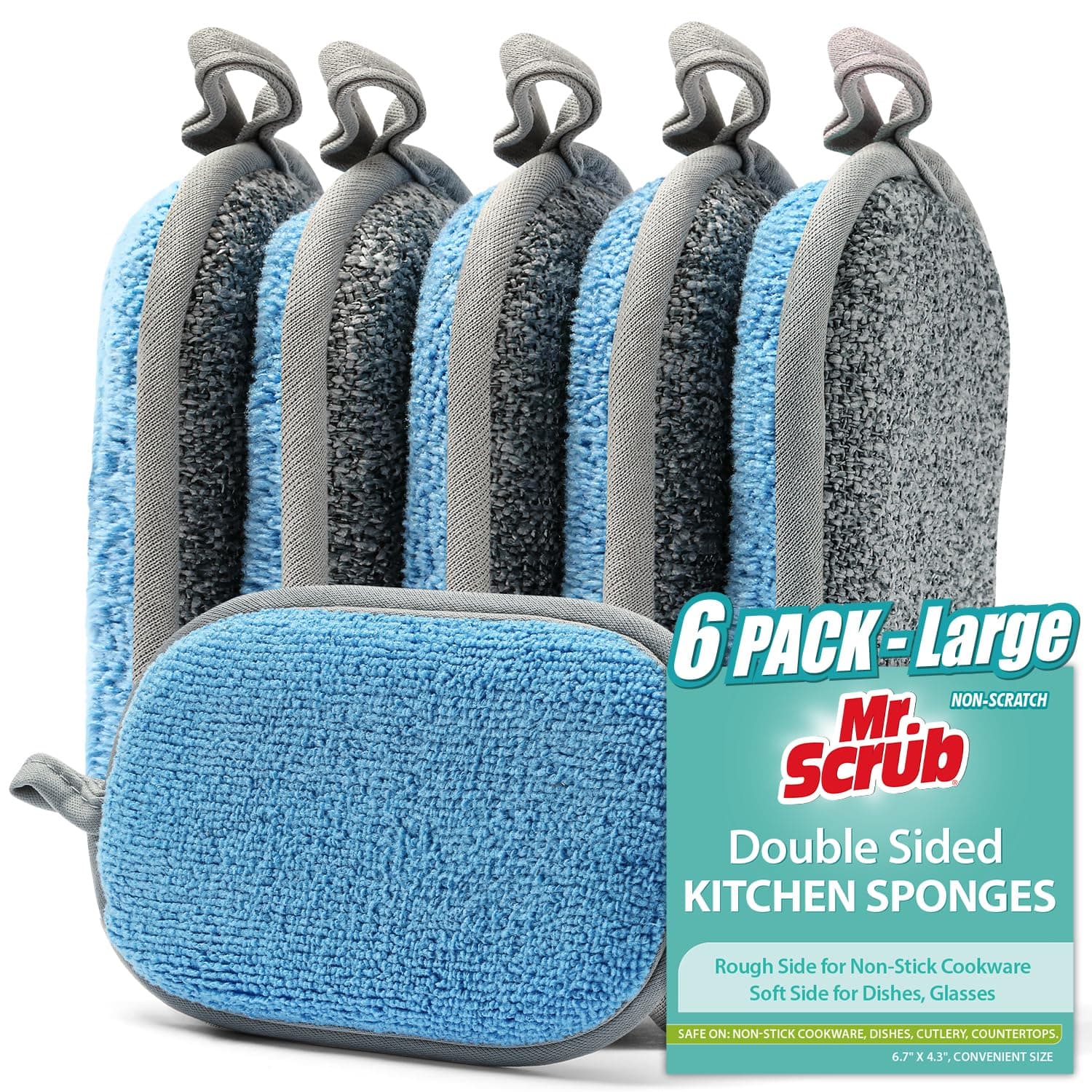 All-Purpose Sponges Kitchen, Non Scratch Dish Sponge for Washing Dishes Cleaning Kitchen, Rough Scrubbers Side for Non-Stick Cookware, Soft Microfiber Scrub Side for Dishes(6 Pack, Large)