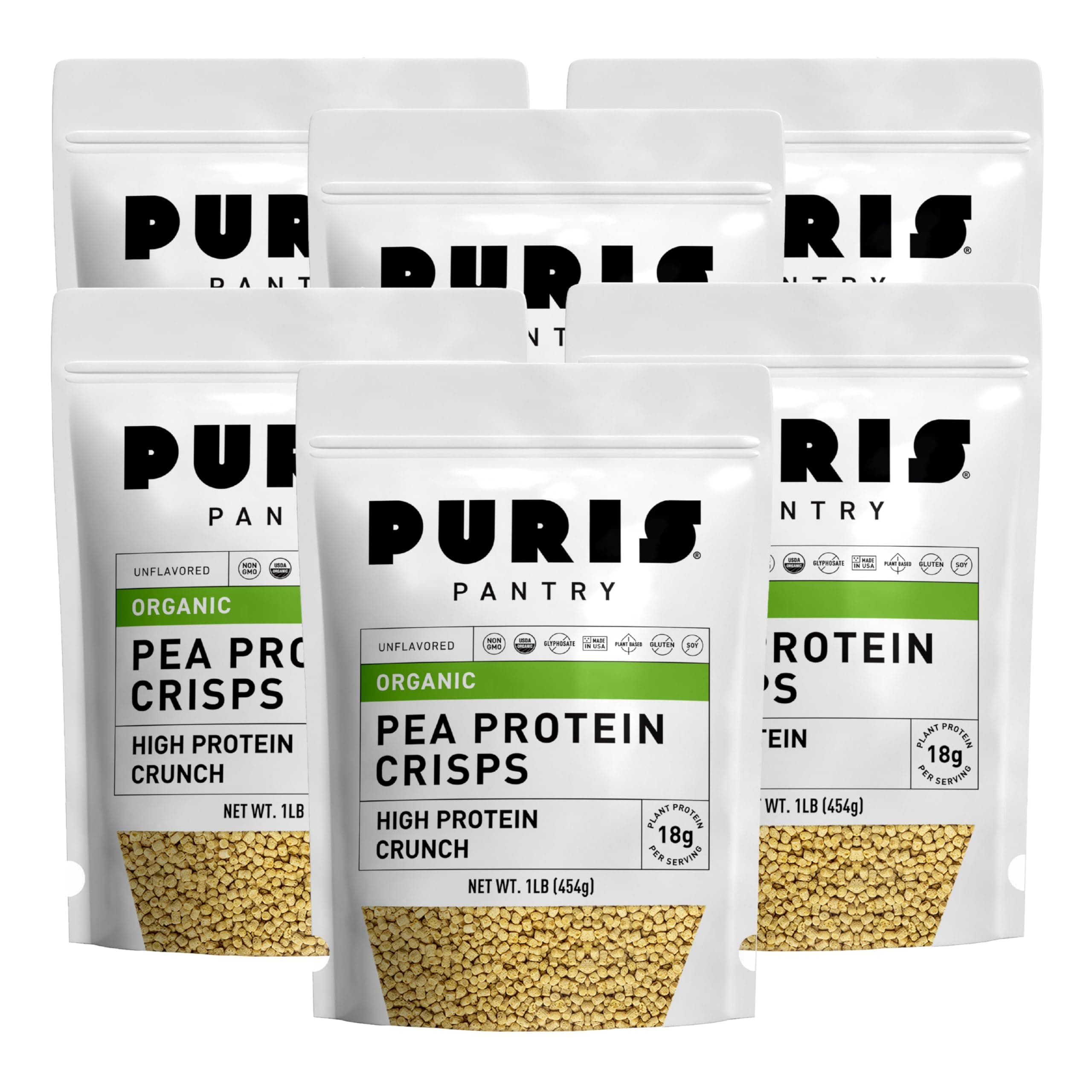 PURIS Organic Pea Protein Crisps, Certified Organic Pea Protein Isolate, Keto Protein Crunch, Made 100% in The USA, Non-GMO, Gluten Free, No Sugar, No Soy, 18g Protein, 7g Carbs, Unflavored (1 lb (6-Pack))