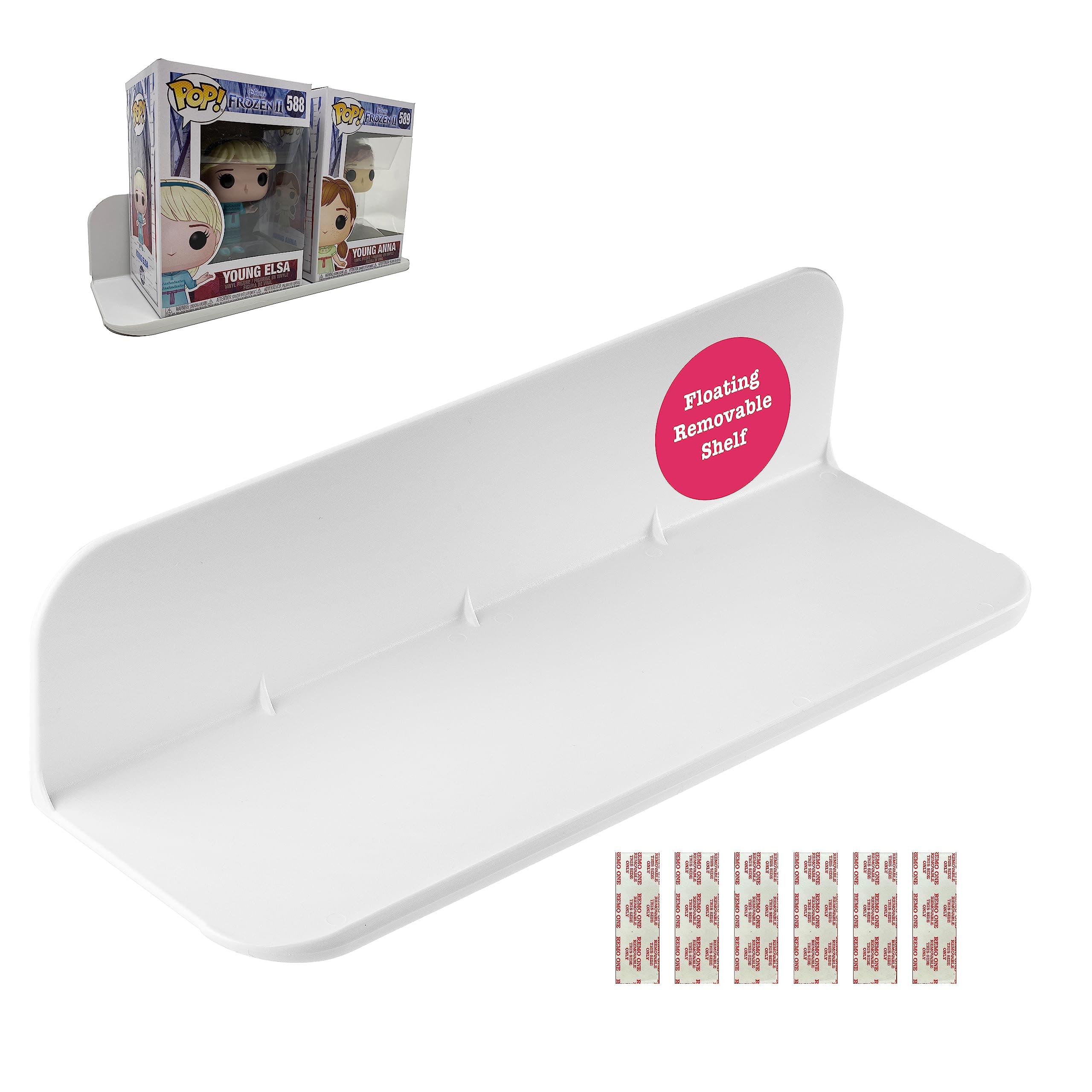 Made in USA White Stick-On Removable Adhesive Floating Wall Shelf Durable Textured ABS Injection Molded Plastic with Lipped Edges | Designed for Stick-On Adhesives or Screws