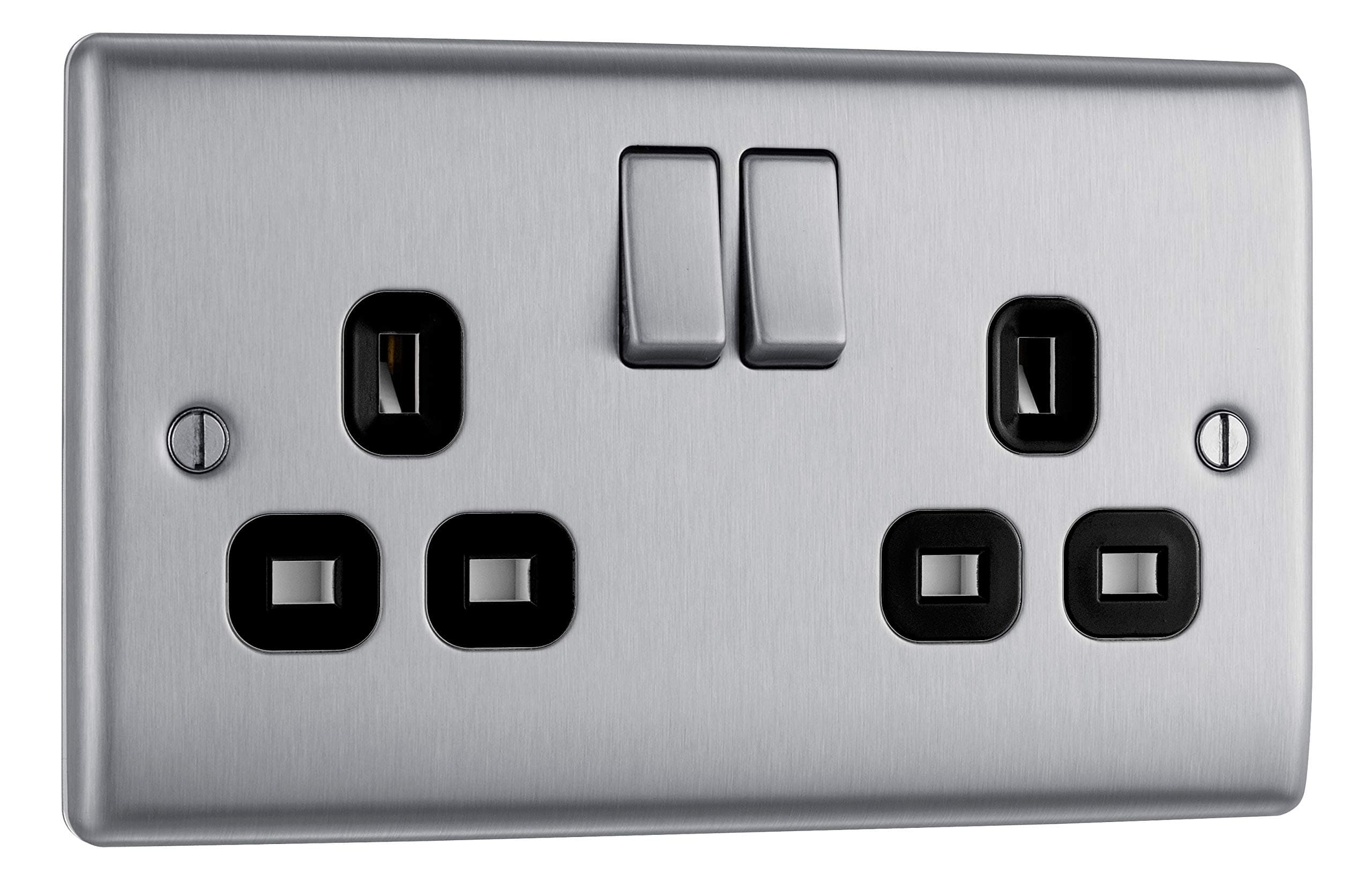 BG-Nexus-Metal Double 13A Plug Socket,Brushed Steel Finish,Black Inserts by Nexus