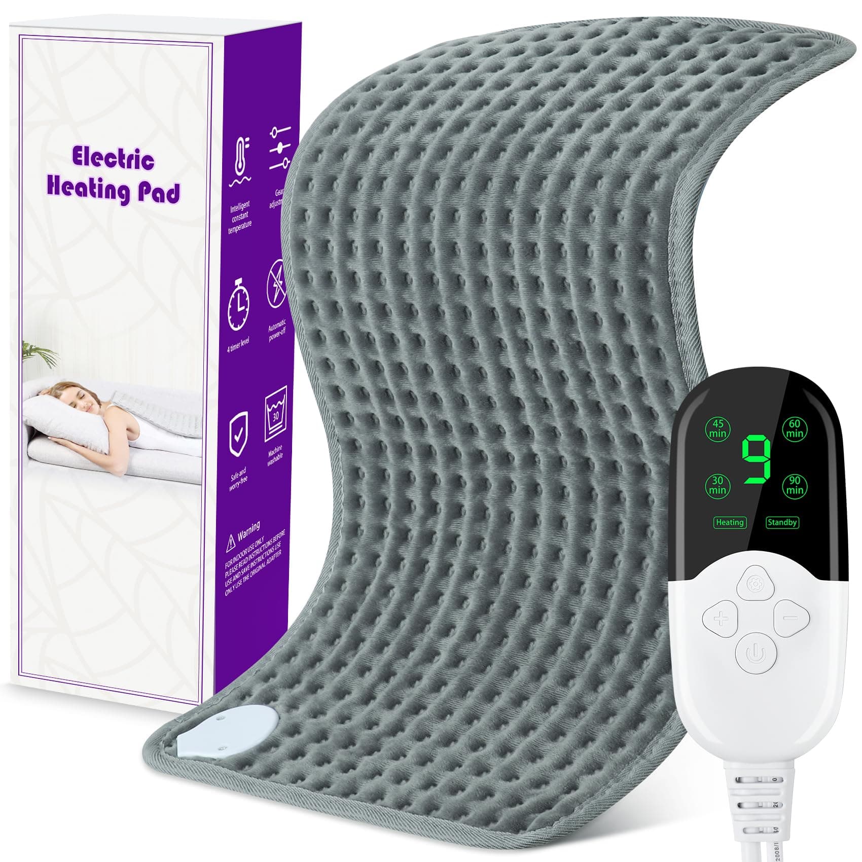 Electric Heat Pad Heating Pad for Back Shoulder Neck, Fast Heated Pad Electric with 9 Heat Level and 4 Timer Setting, Small Electric Blanket Auto Shut Off and Machine Washable, 30 x 60 cm, Grey