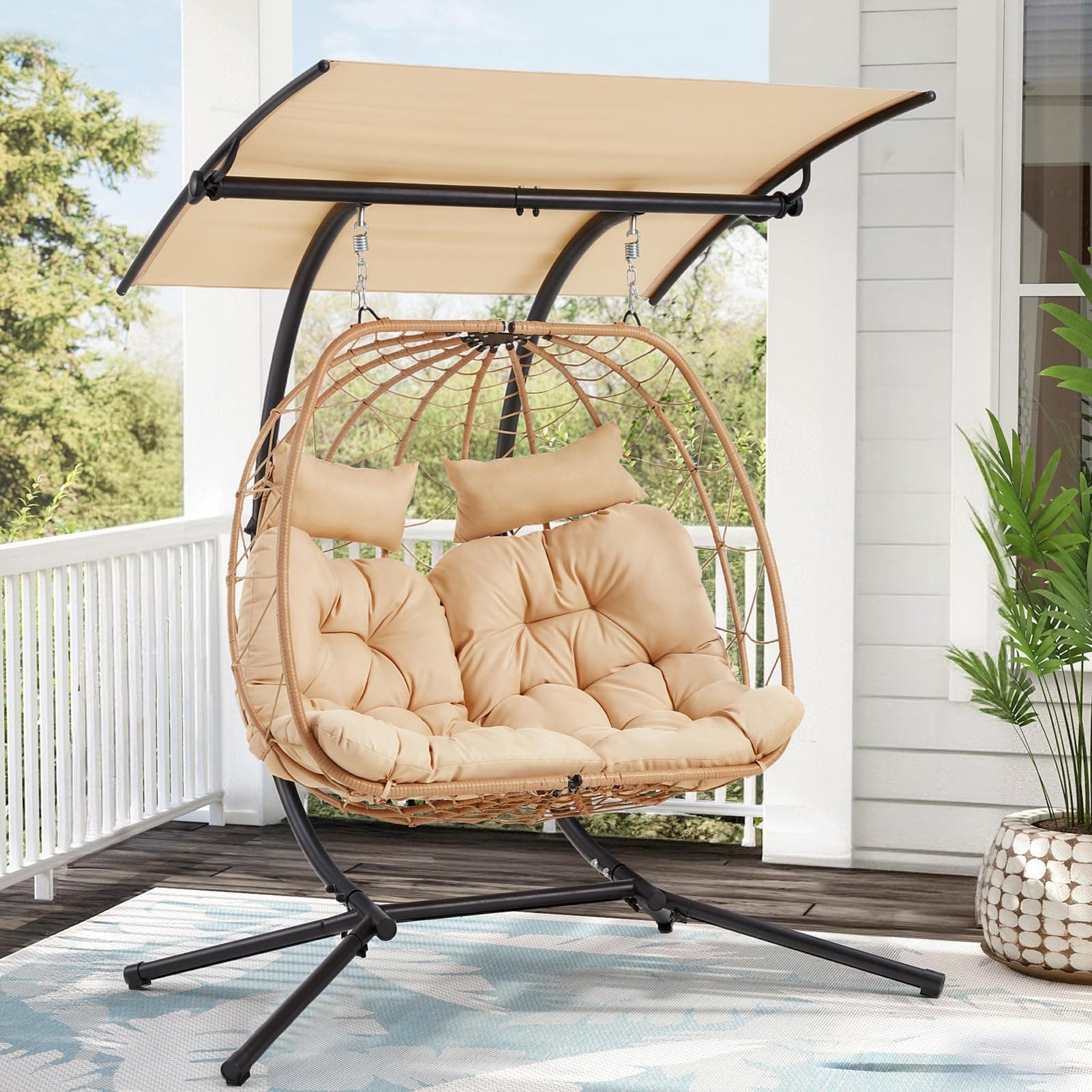 YOLENY Oversized Double Egg Chair with Adjustable Canopy, Patio Hanging Swing Chair, Hammock Chair with Cushion