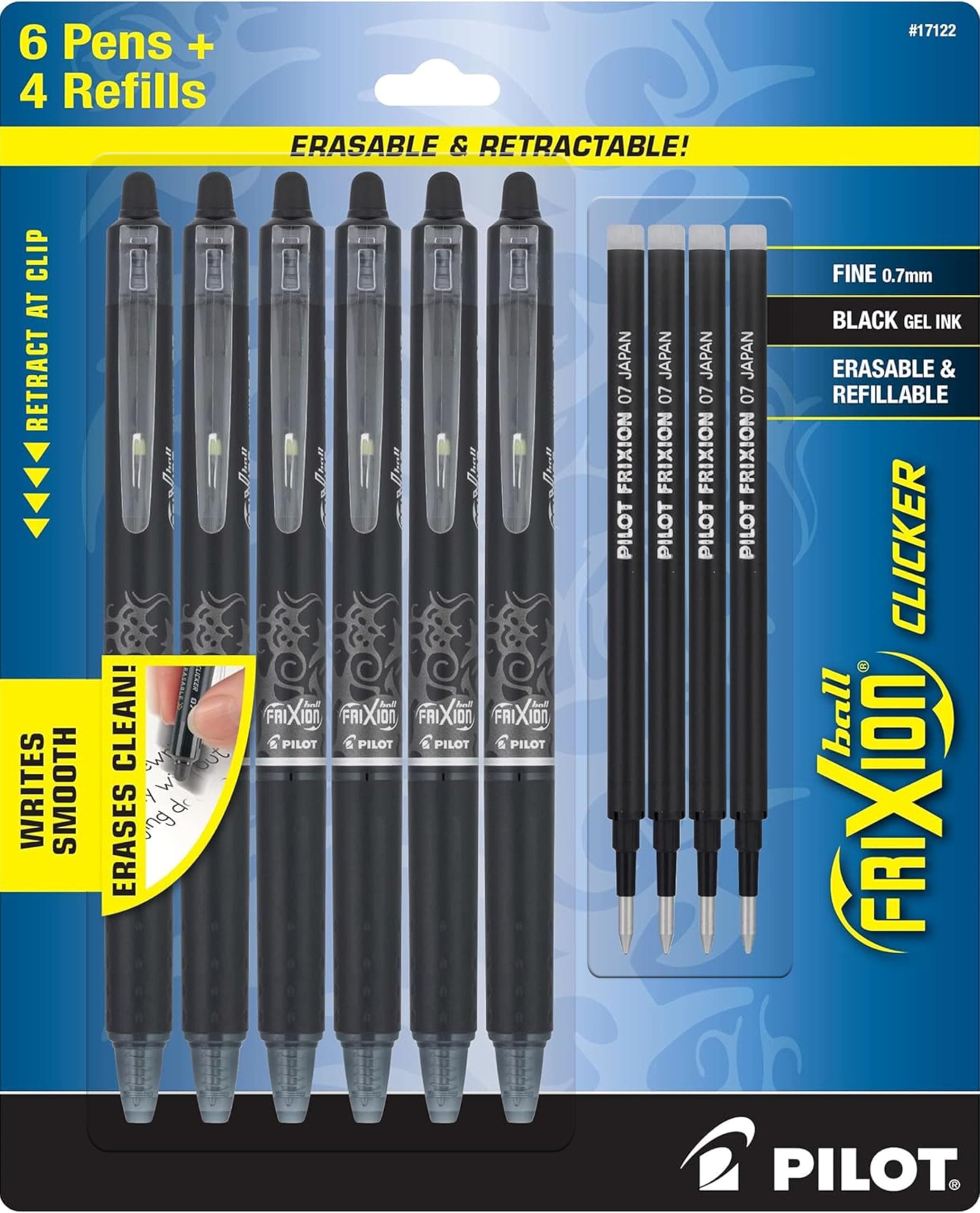PILOT Frixion Erasable Pens, Fine Point 0.7mm Pack of 6 Black Retractable Ink Pens + 4 Bonus Refills