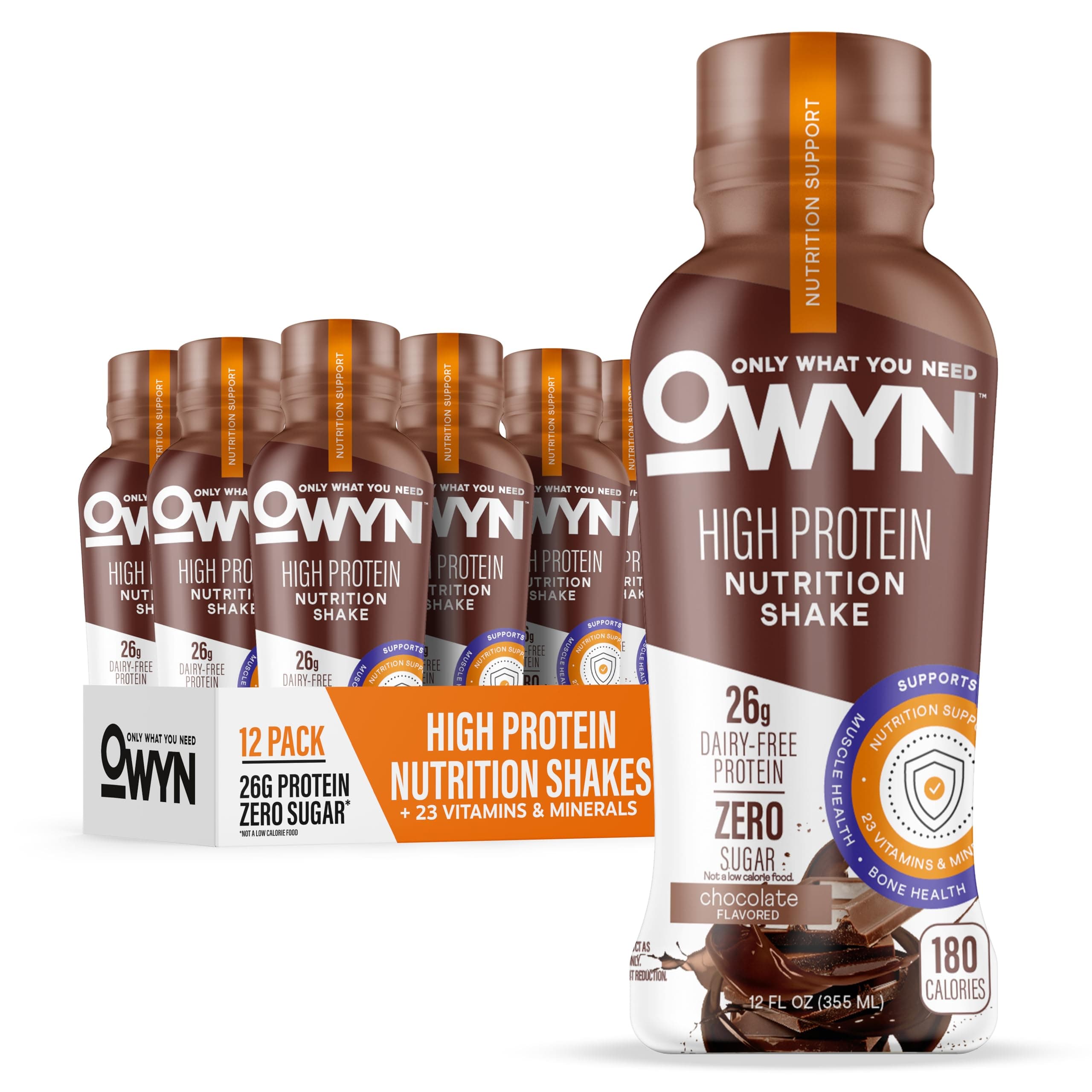 OWYN Only What You Need High Protein Shake, Chocolate Flavored, 26g Protein, 0g Sugar, 3g Fiber, Dairy Free, Plant Based Protein Drink, 12 Count